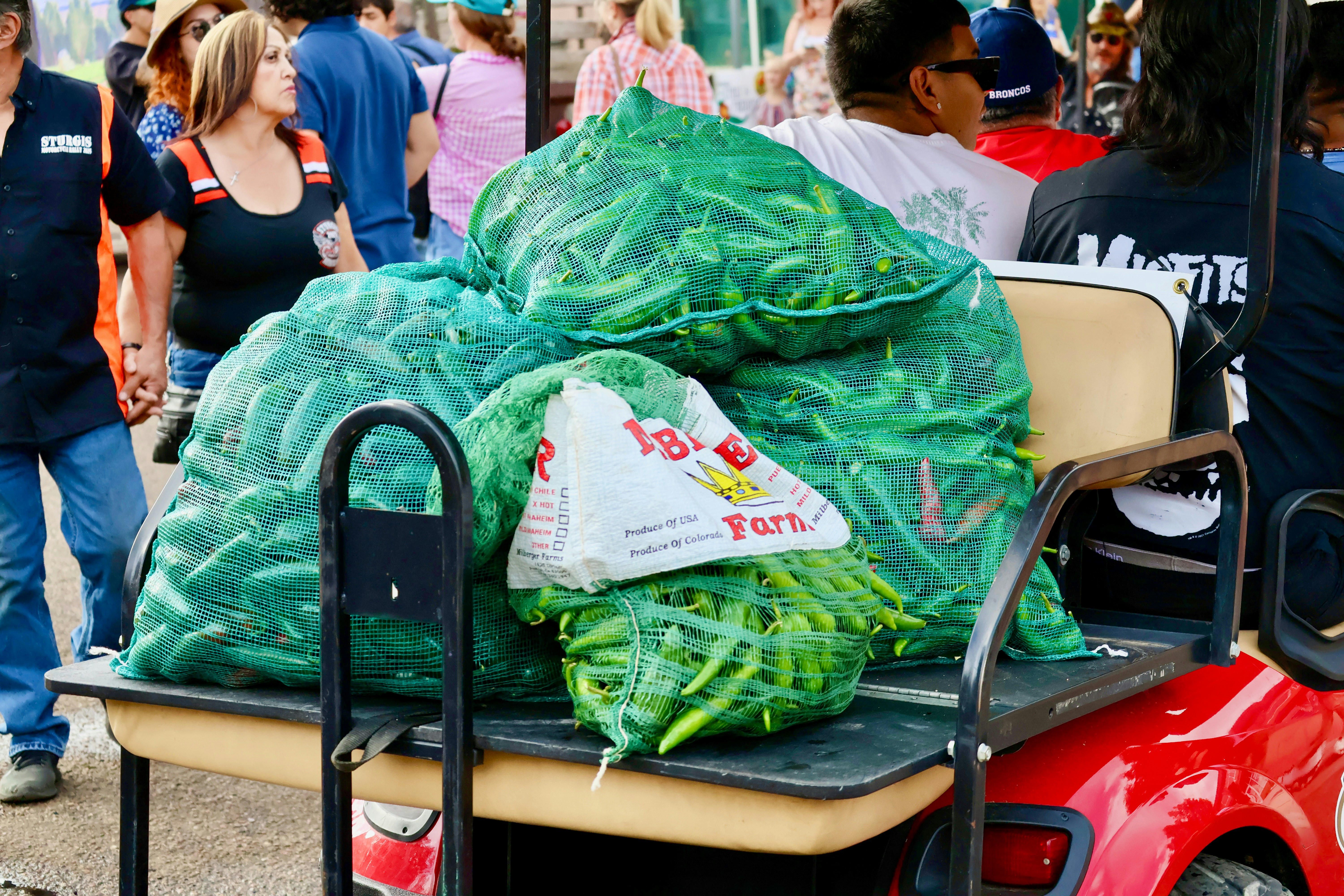 Large green produce bags on a golf cart