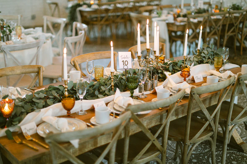 Candlelit reception with long banquet tables