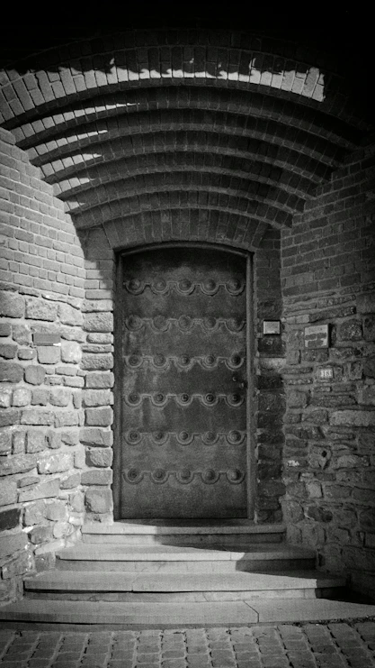 Ornate metal door set in a stone archway.