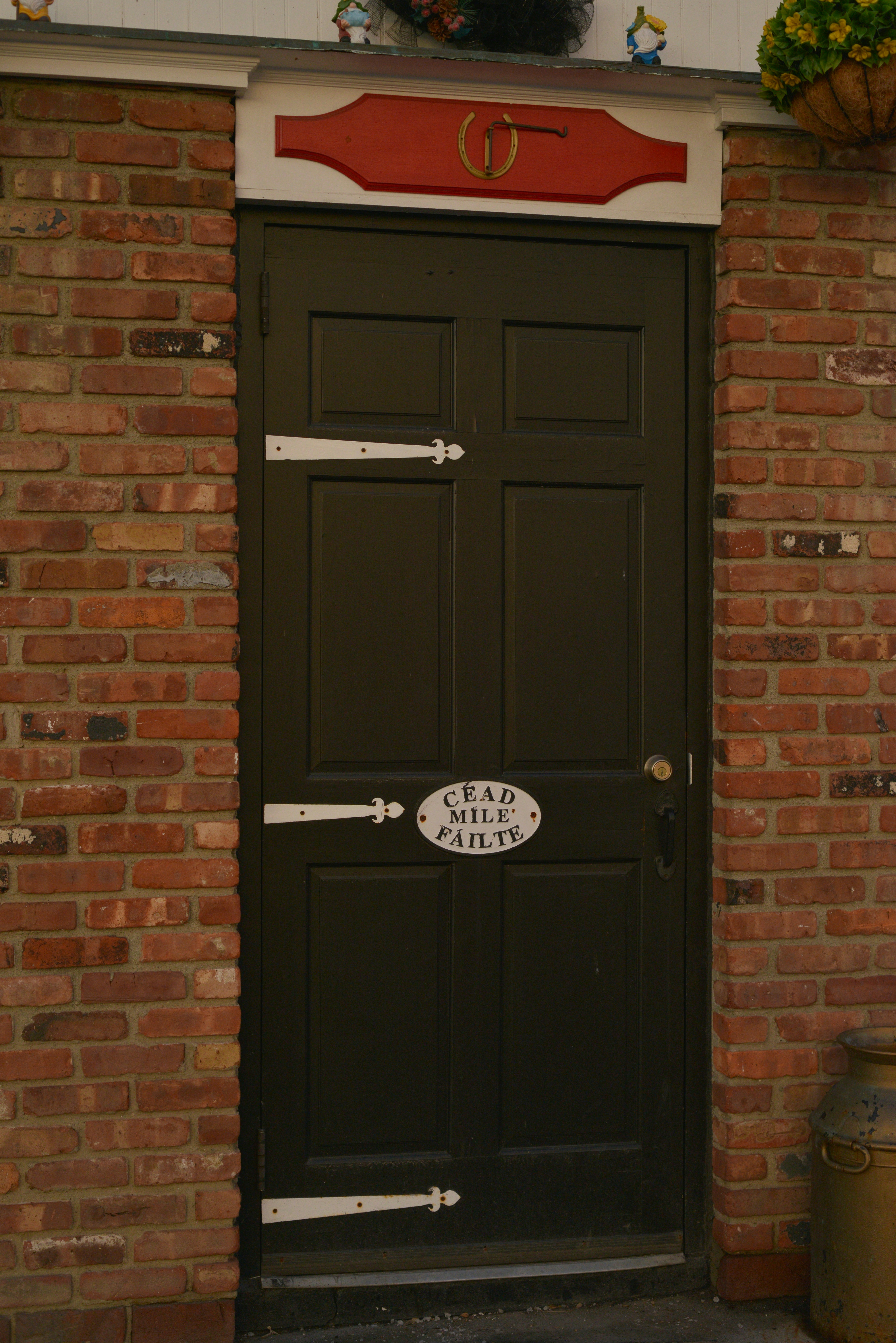 Dunkle Holztür mit weißen Scharnieren und Schild