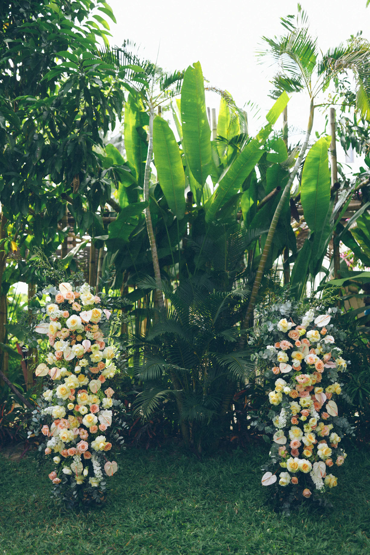 Two floral arrangements flank large tropical plants
