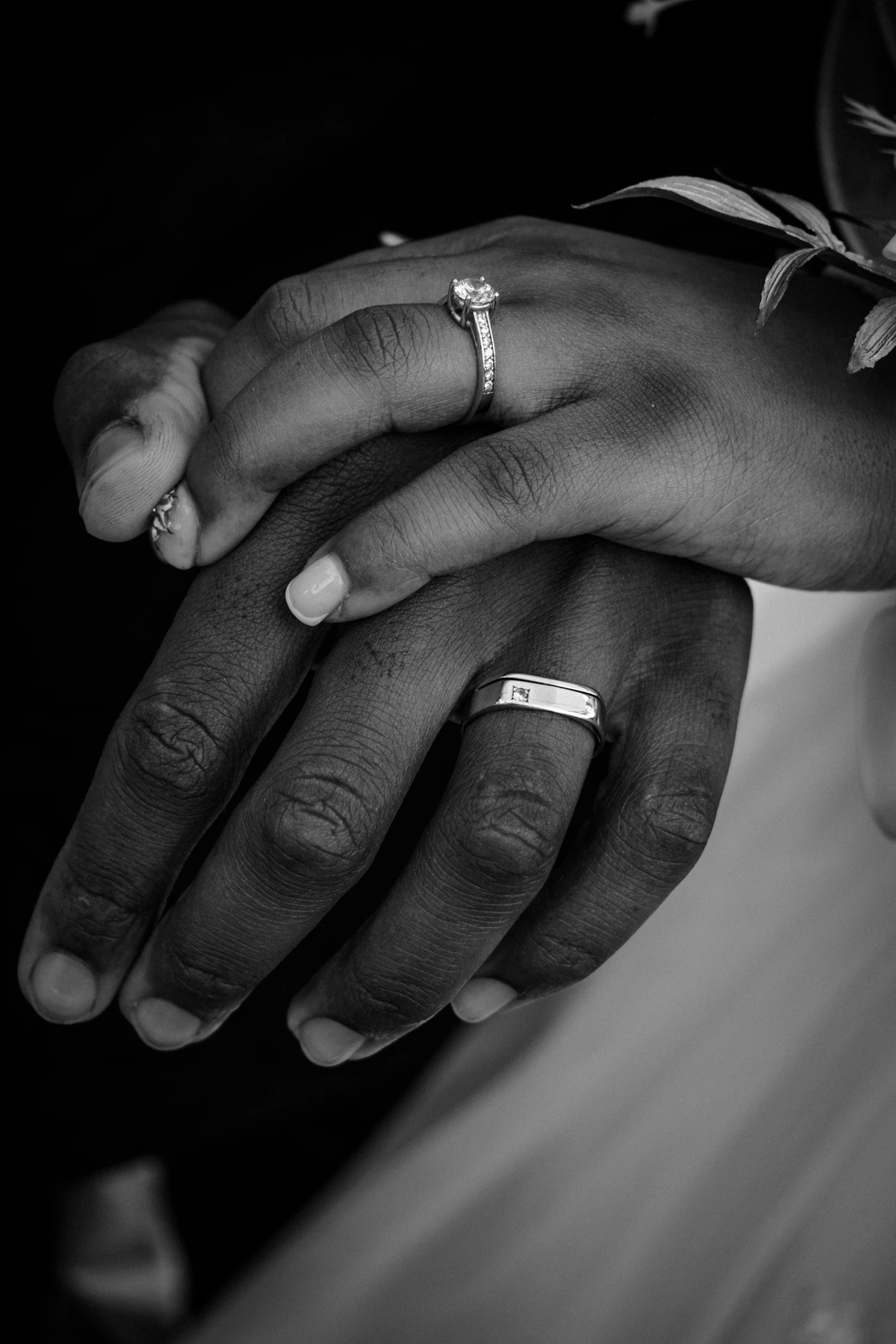 Two hands laid over one another, both wearing new rings