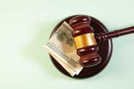 A gavel rests on a sound block with money.