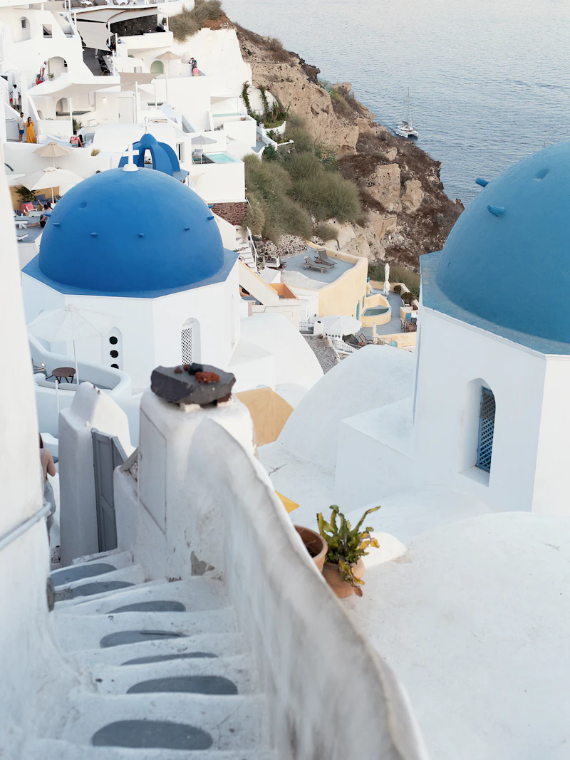 Santorini white buildings and blue domes