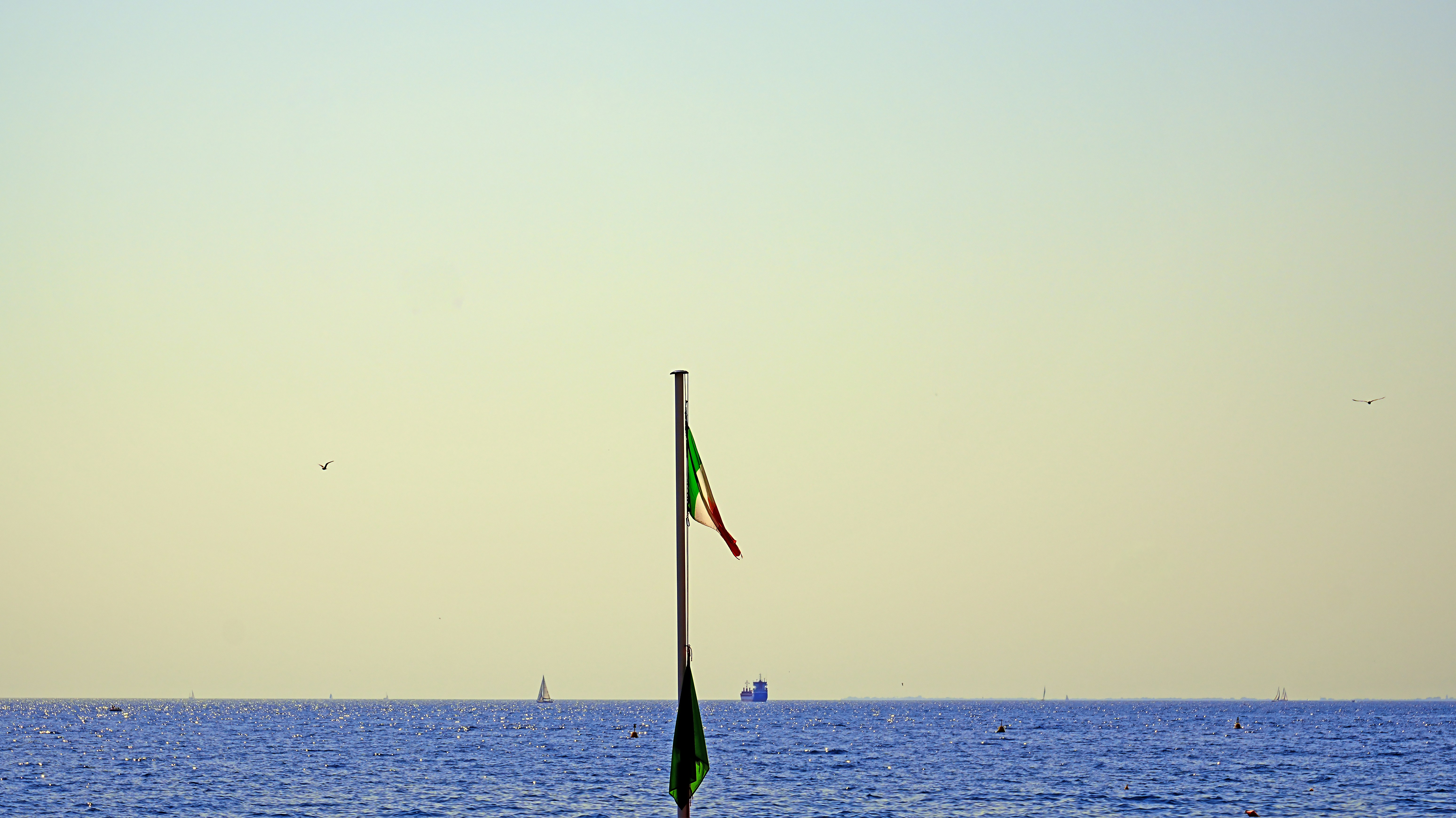 Die Flagge weht vor einem ruhigen Ozean und Himmel.