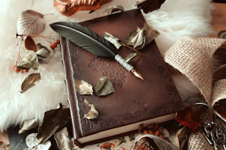 A quill pen rests on an old leather-bound book.