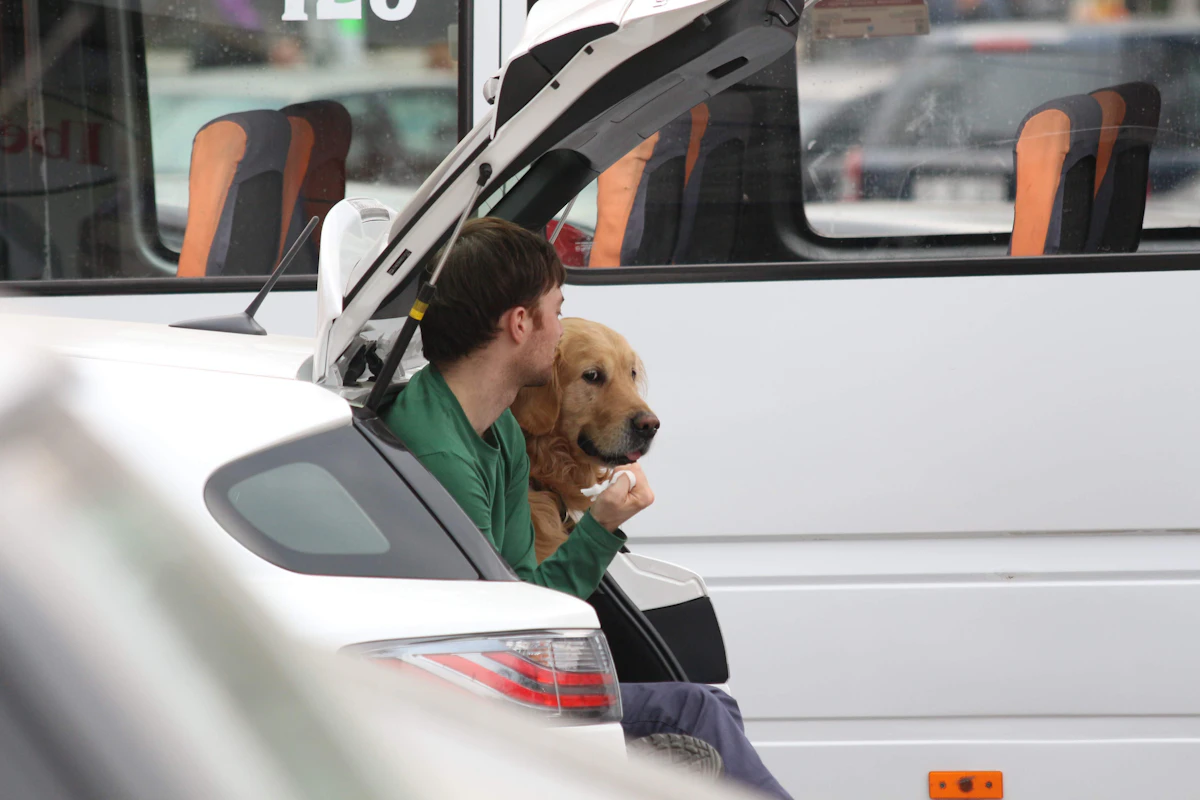 Pet owner and dog seated together at the back of a car