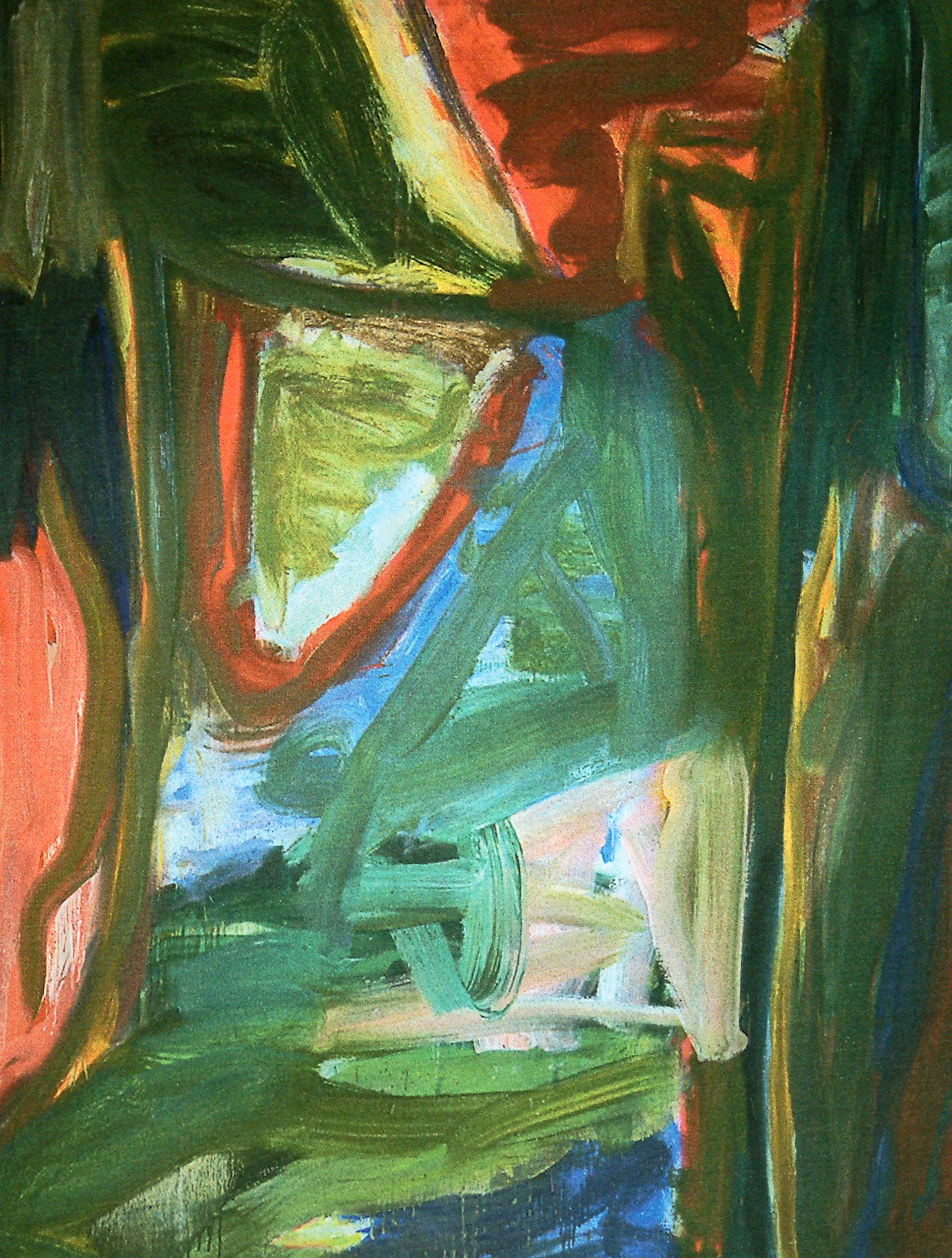 Abstract painting with bold green and red brushstrokes