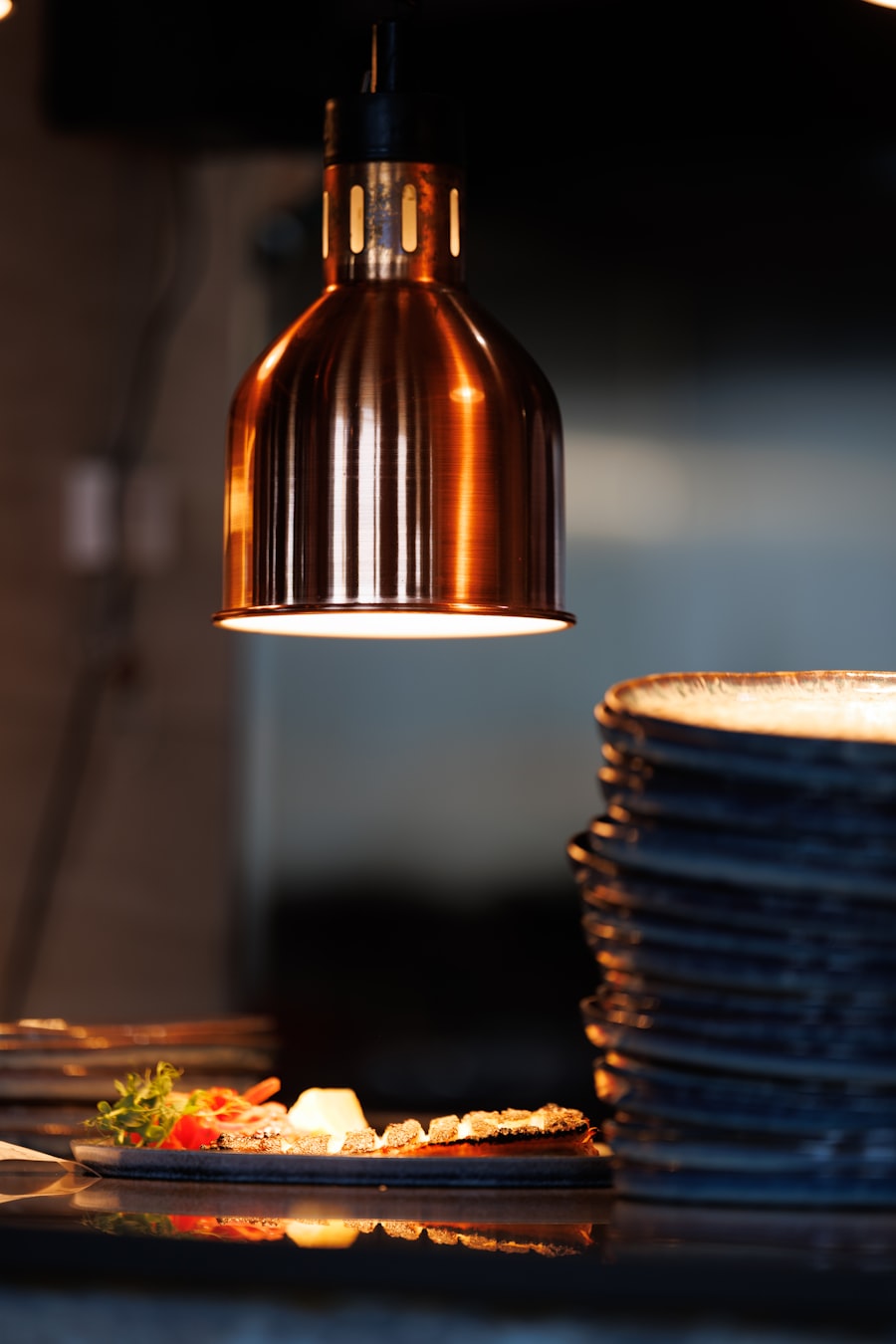 Food warming lamp over a plate of food