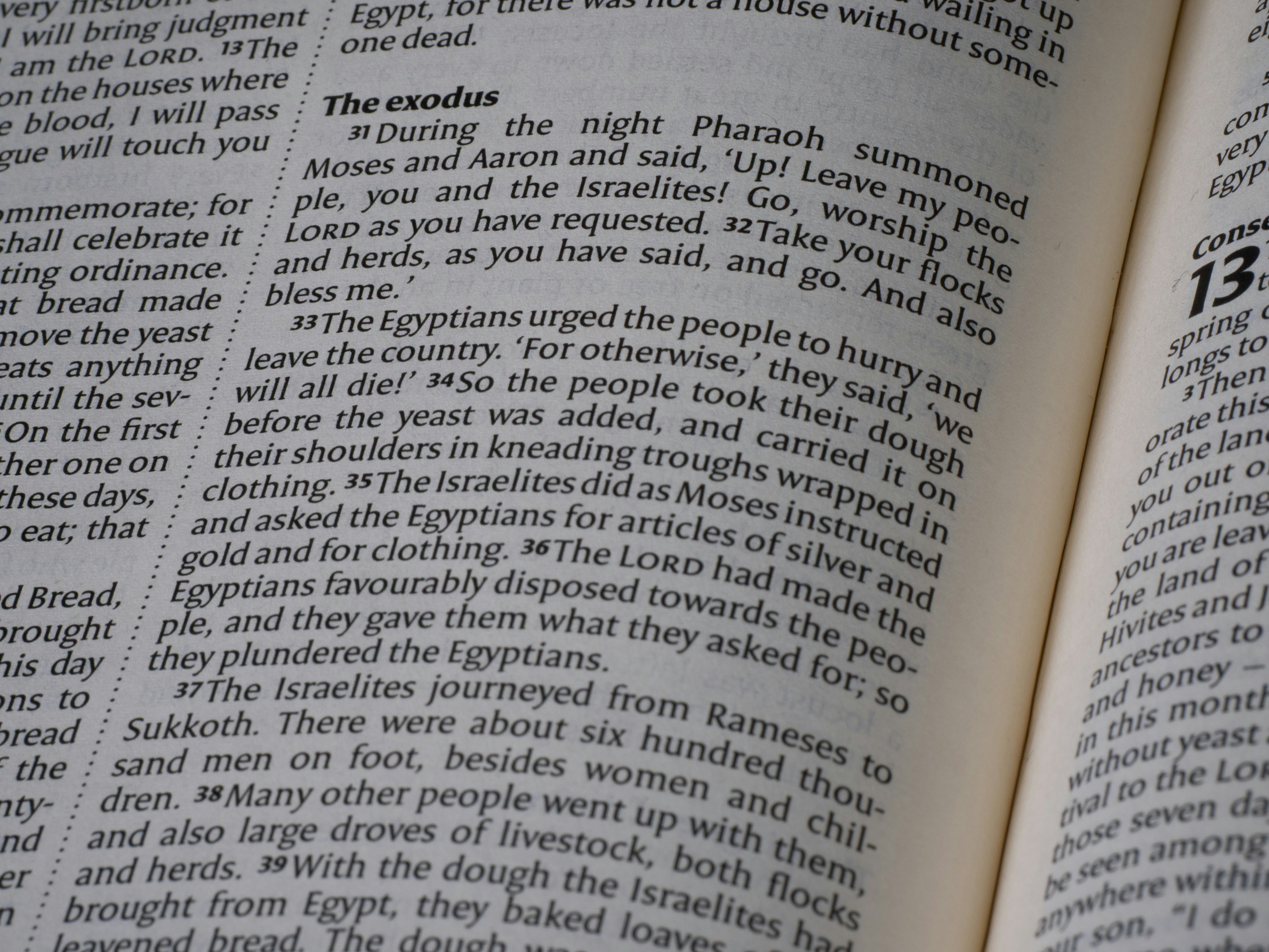 Close-up of an open bible showing text from exodus.