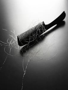 A black comb with strands of hair on it