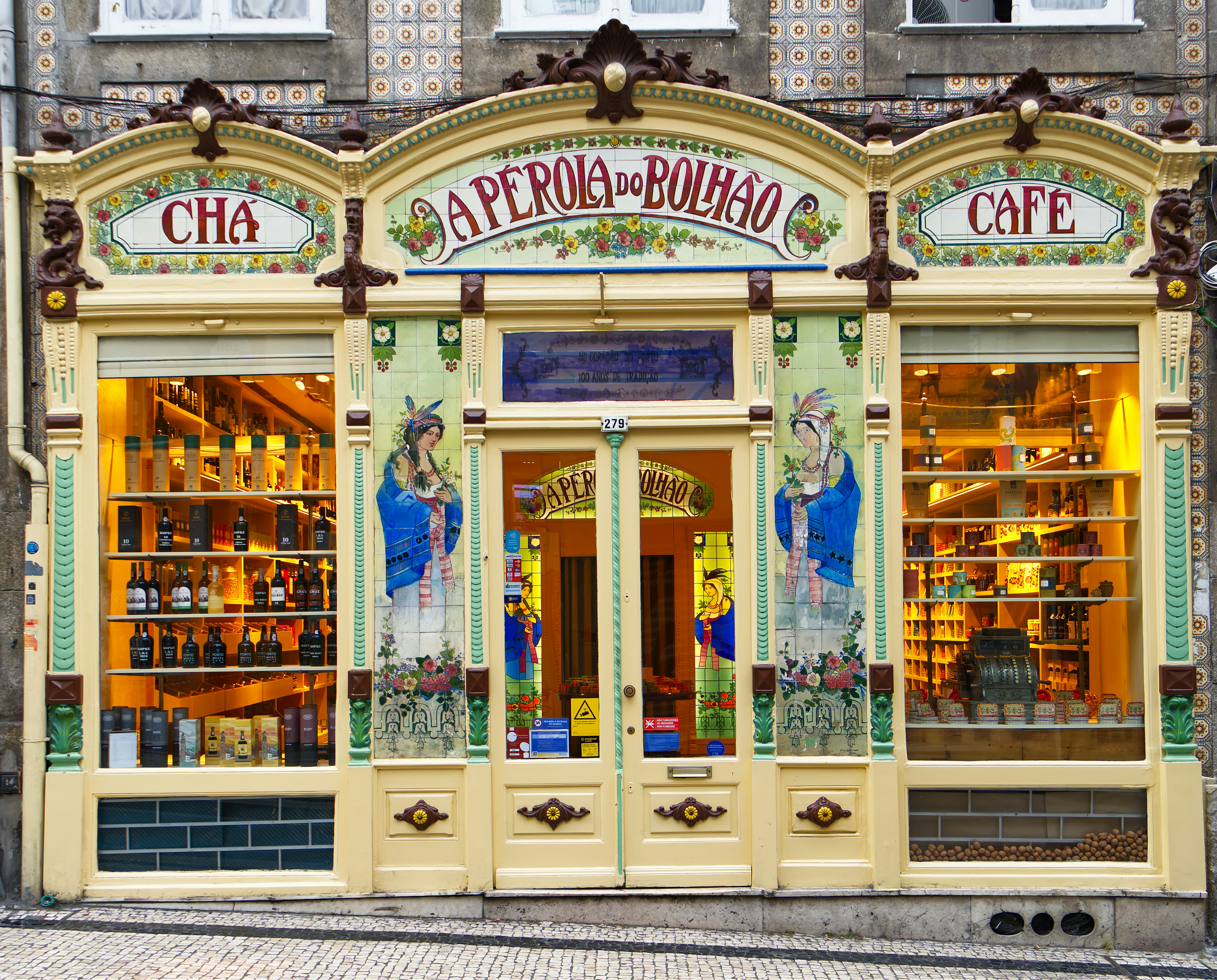 Ornate cafe storefront with colorful tiles and displays