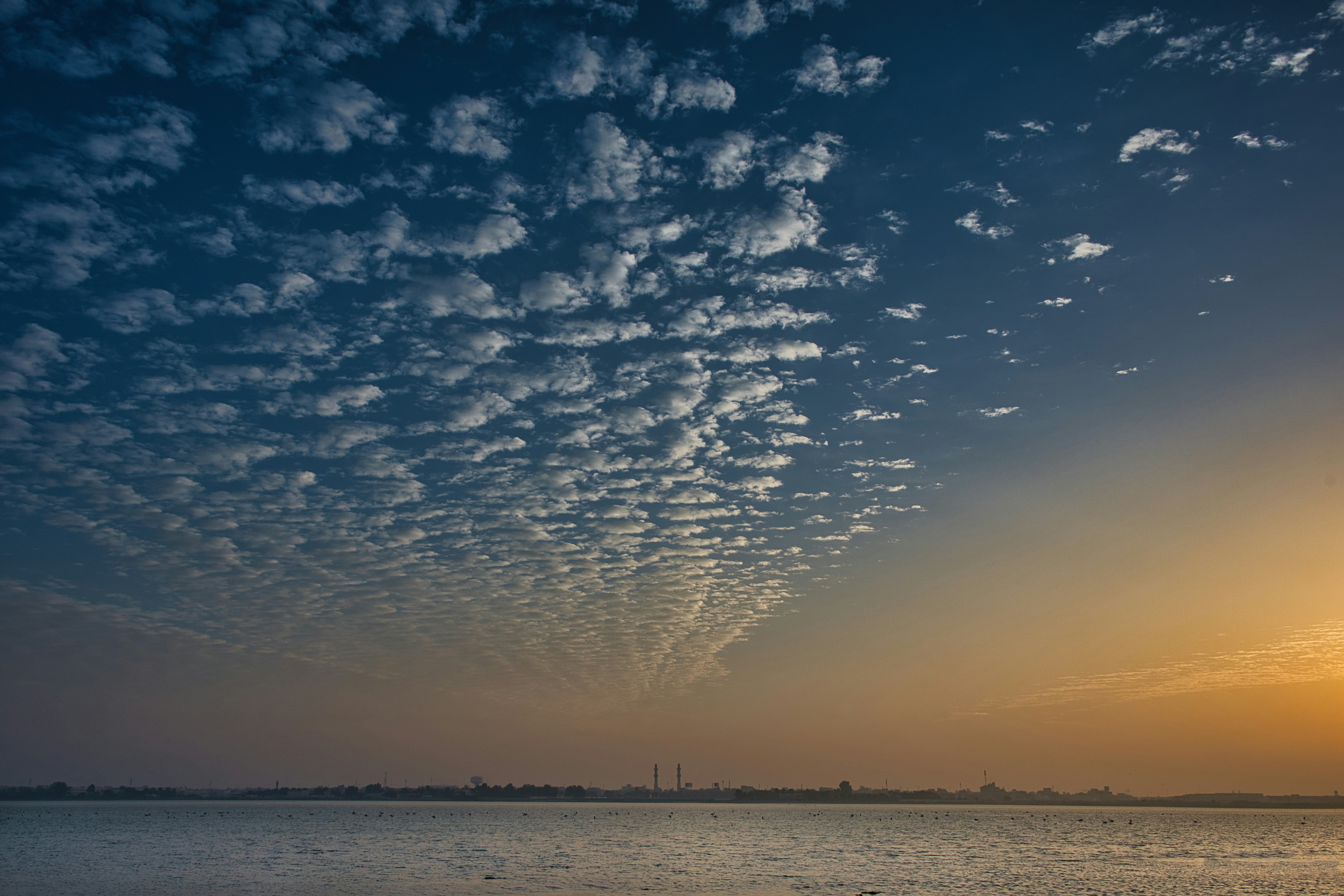 Altocumulus clouds over a calm body of water at sunset.