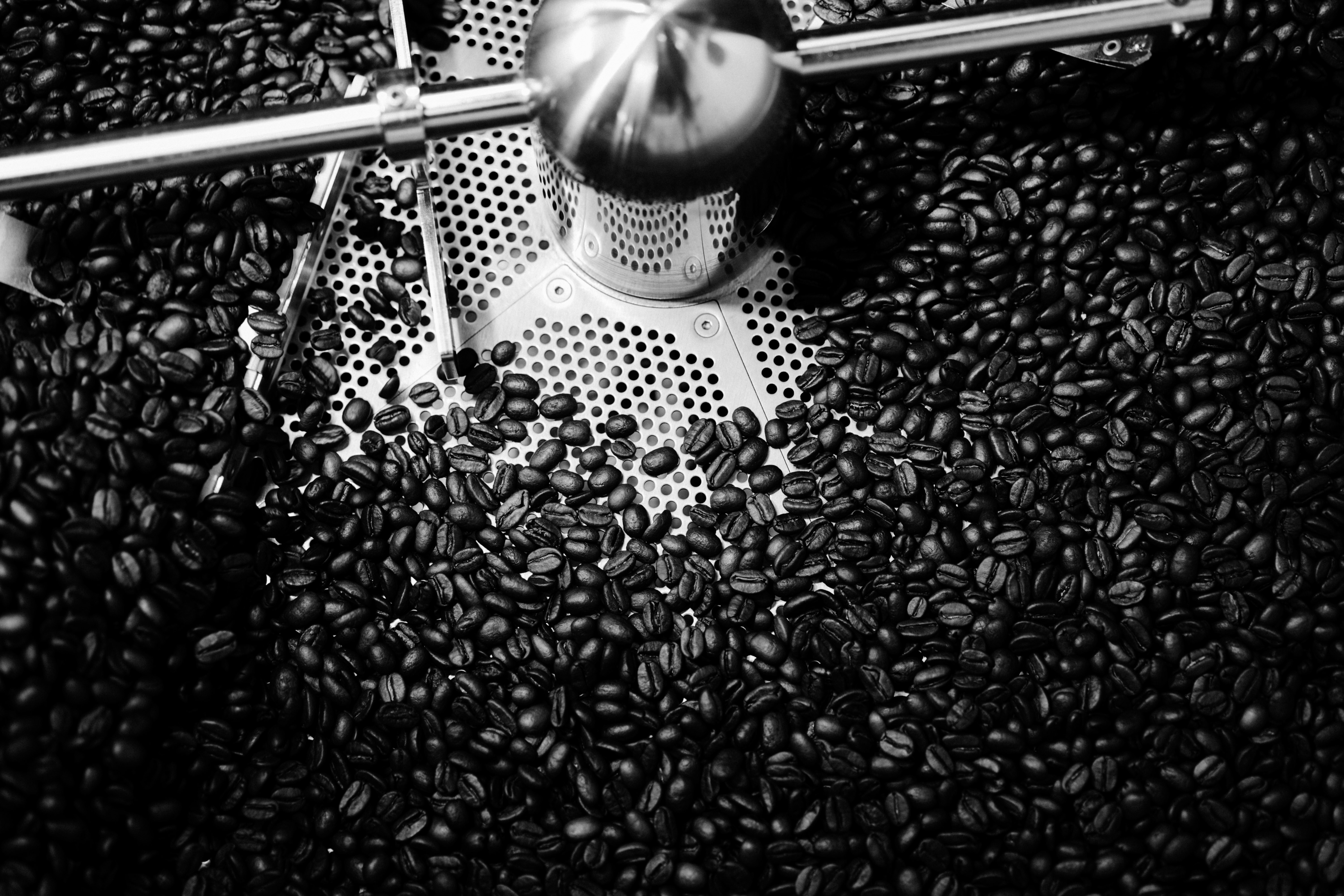 Close-up of coffee beans tumbling in a roaster.