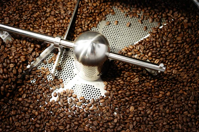 Coffee beans tumbling in a roasting machine.