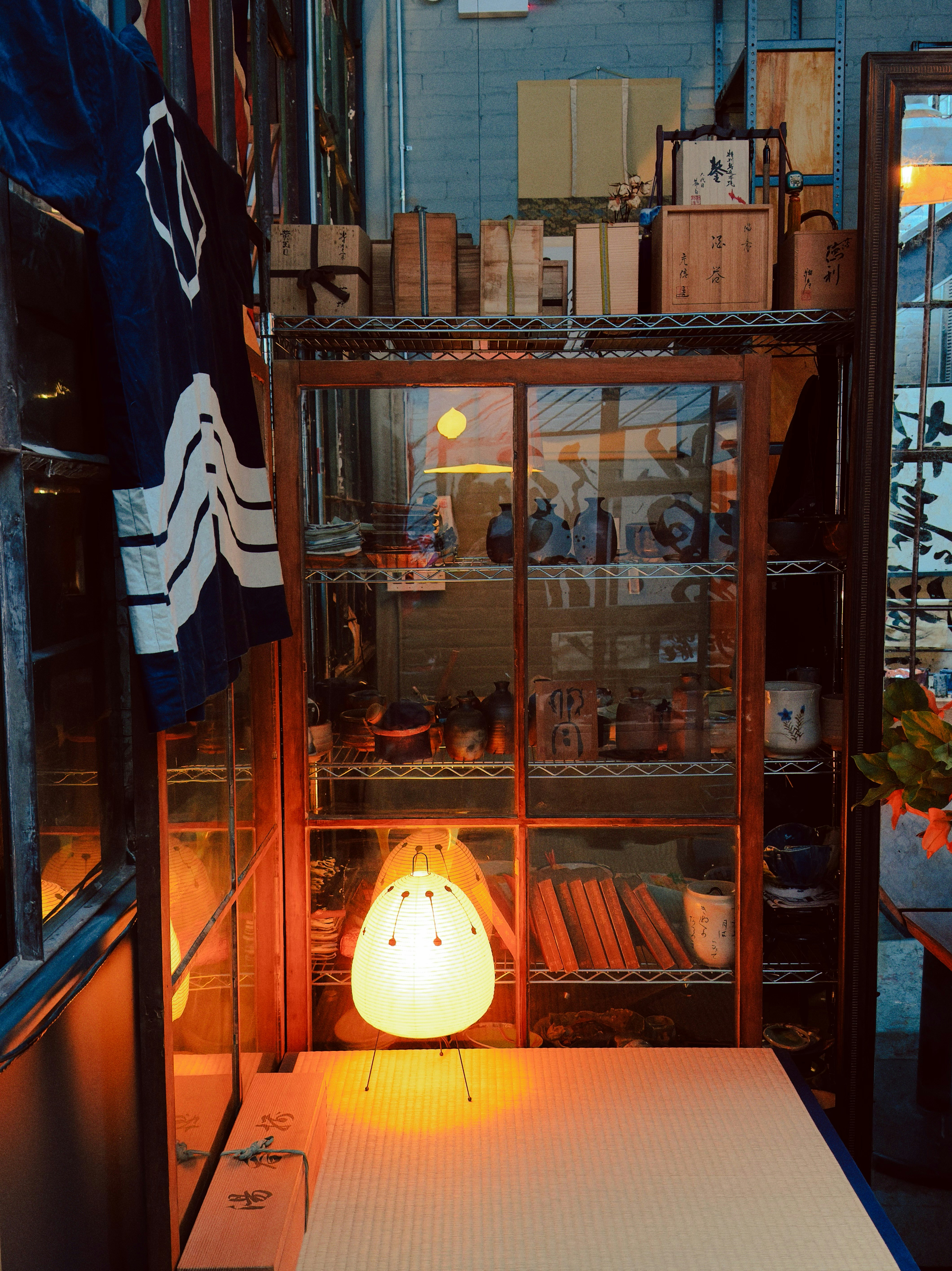 Cozy shop interior with shelves and warm lighting