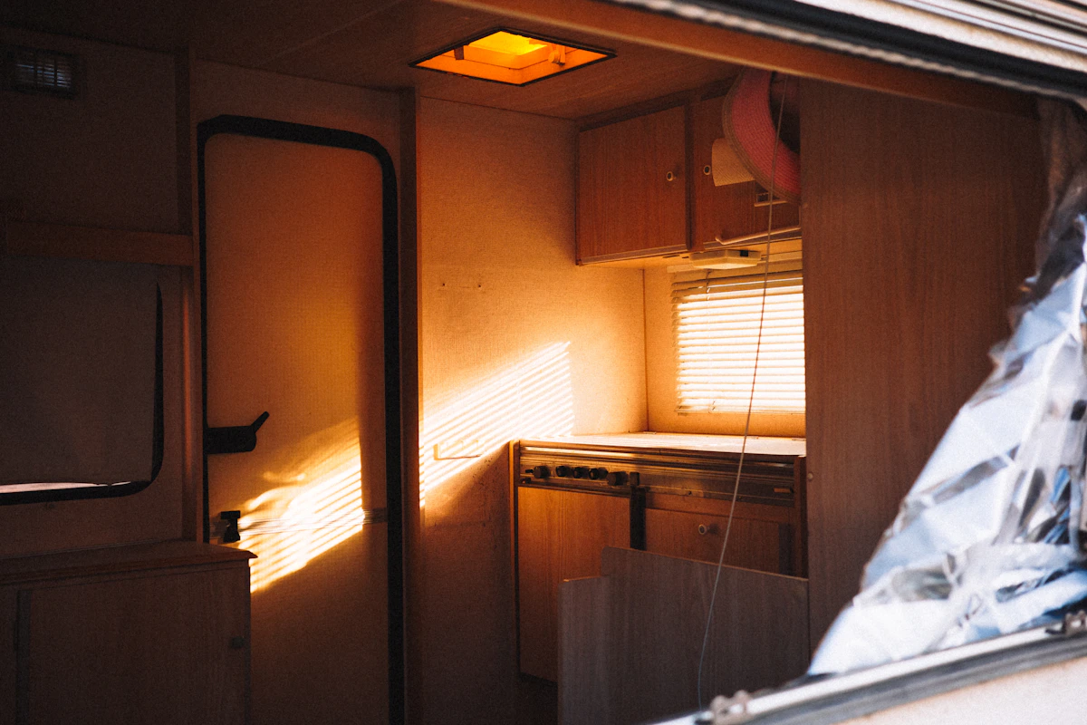 Interior of a camper with natural sunlight