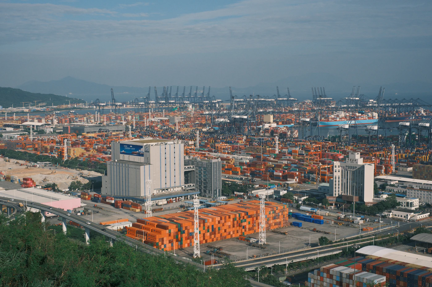 Container vessels and cranes at a busy international port