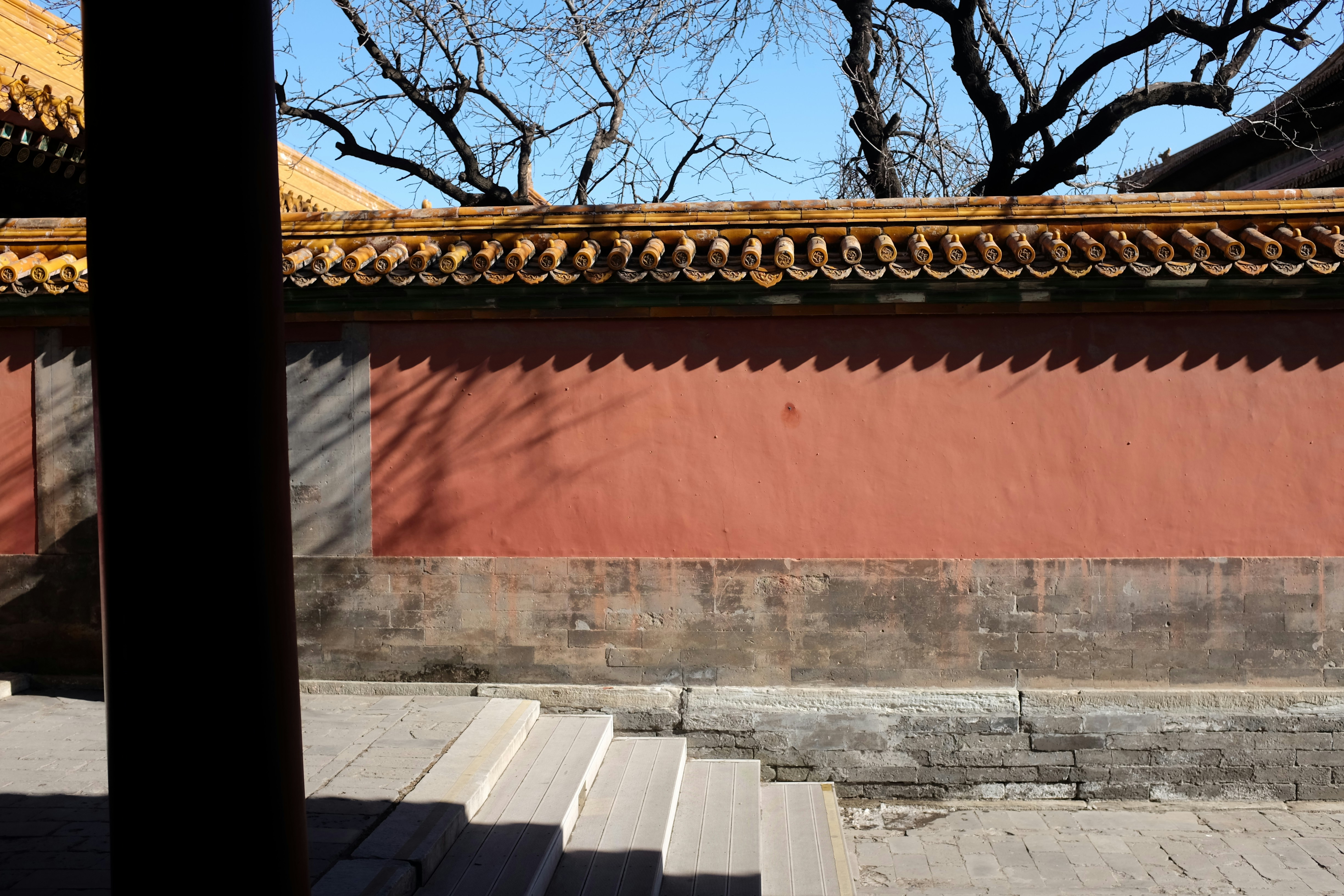 Muro vermelho com telhado de telha e árvores nuas