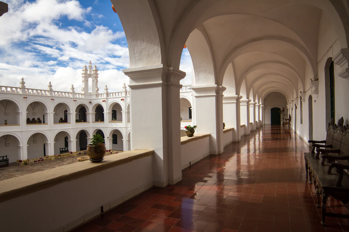 The peaceful interior garden courtyard of a boutique hotel