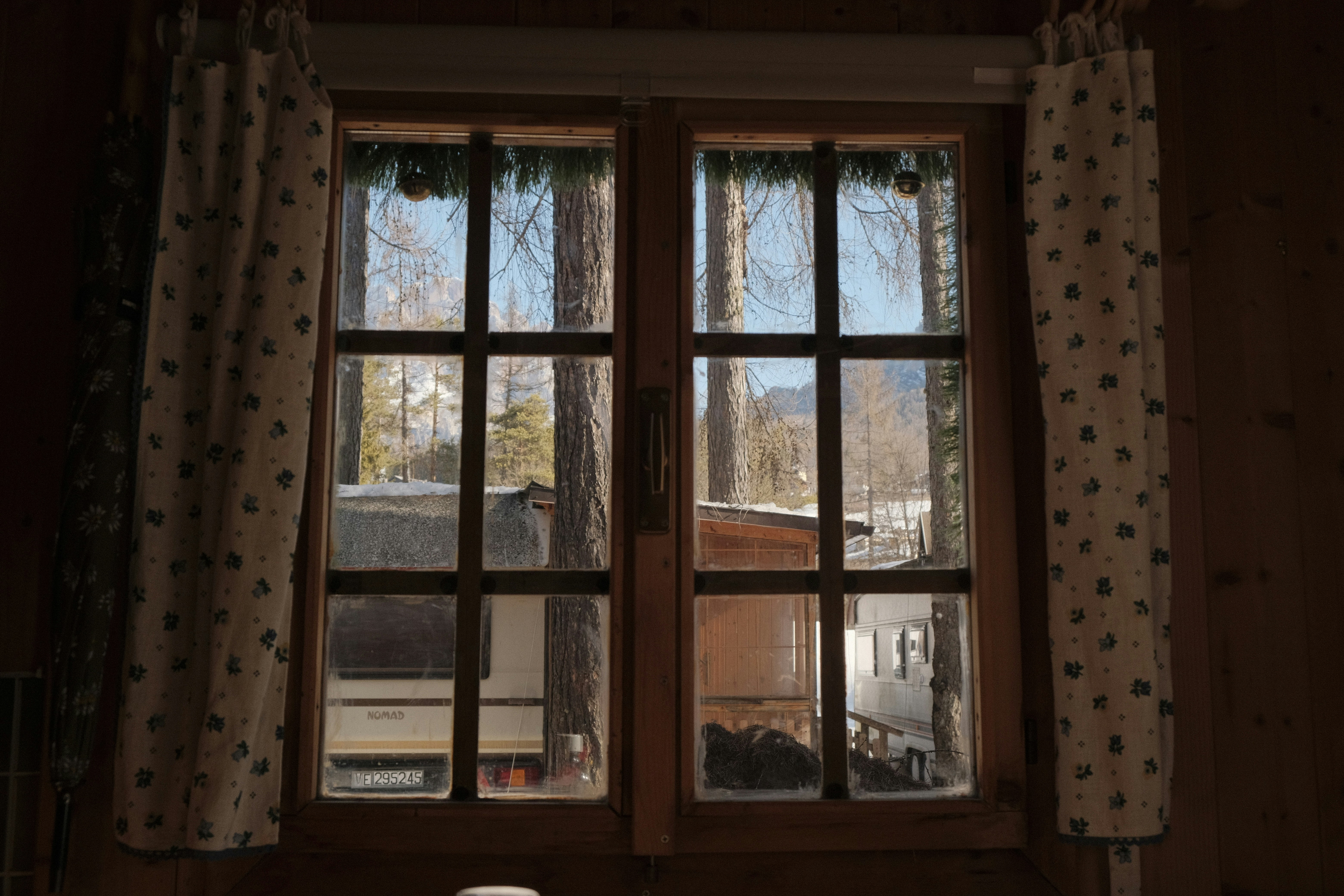 View through a rustic window to winter trees and buildings.