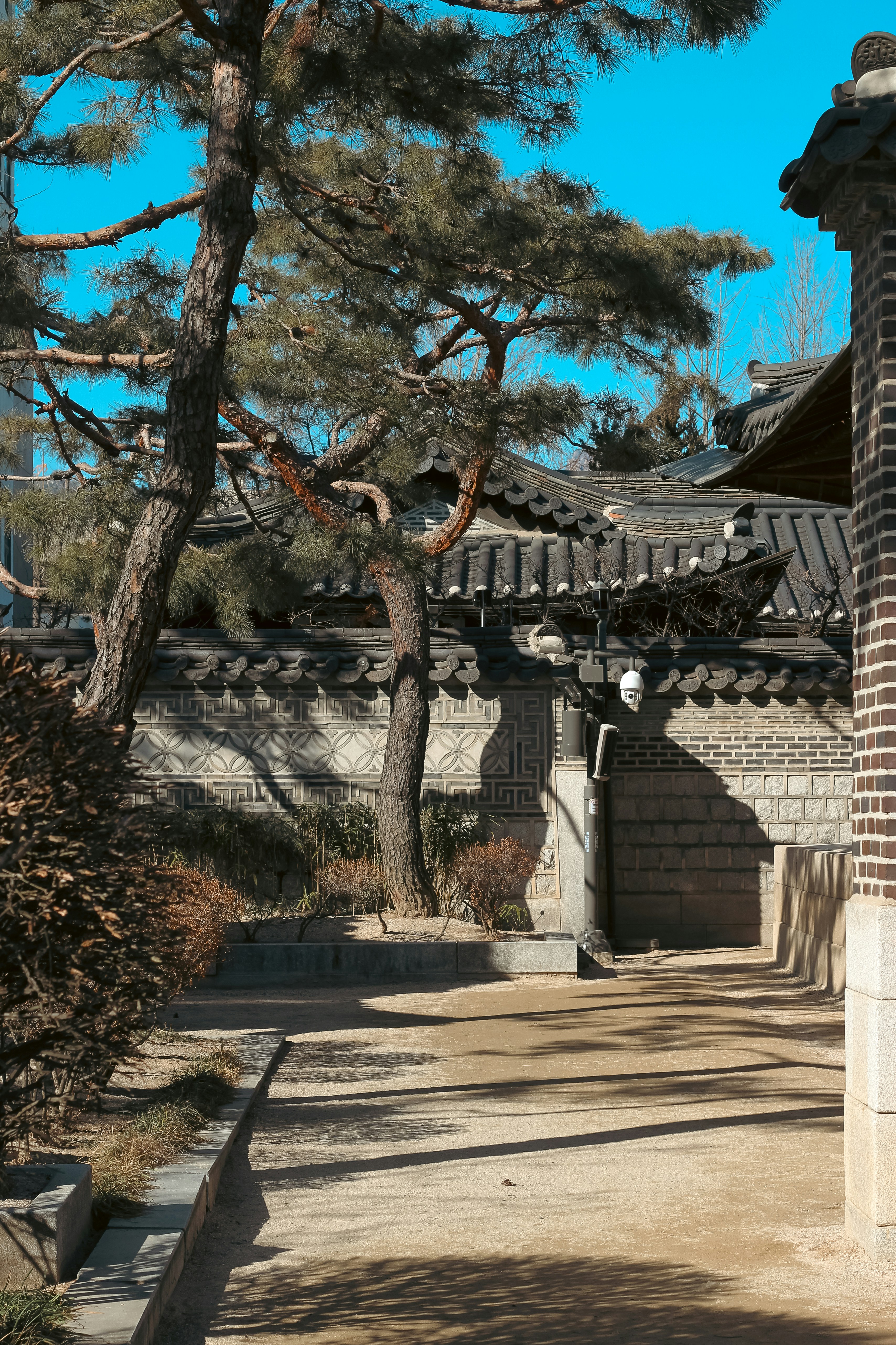Traditional korean architecture with stone walls and trees.
