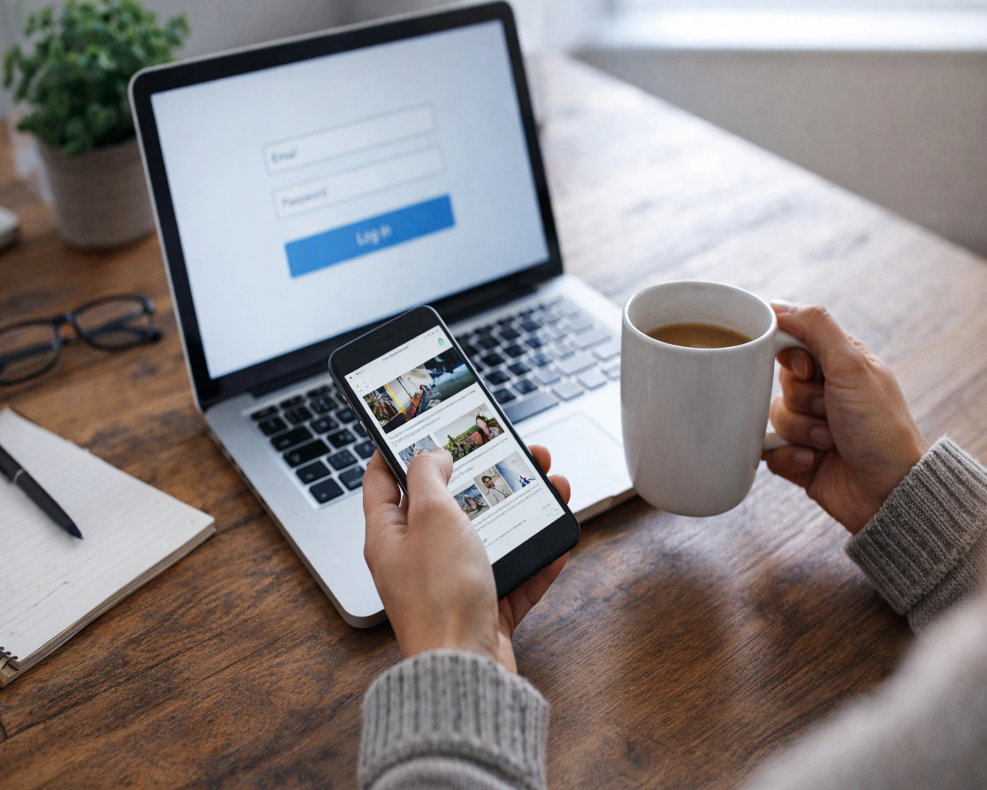 Person holding phone near laptop and coffee.
