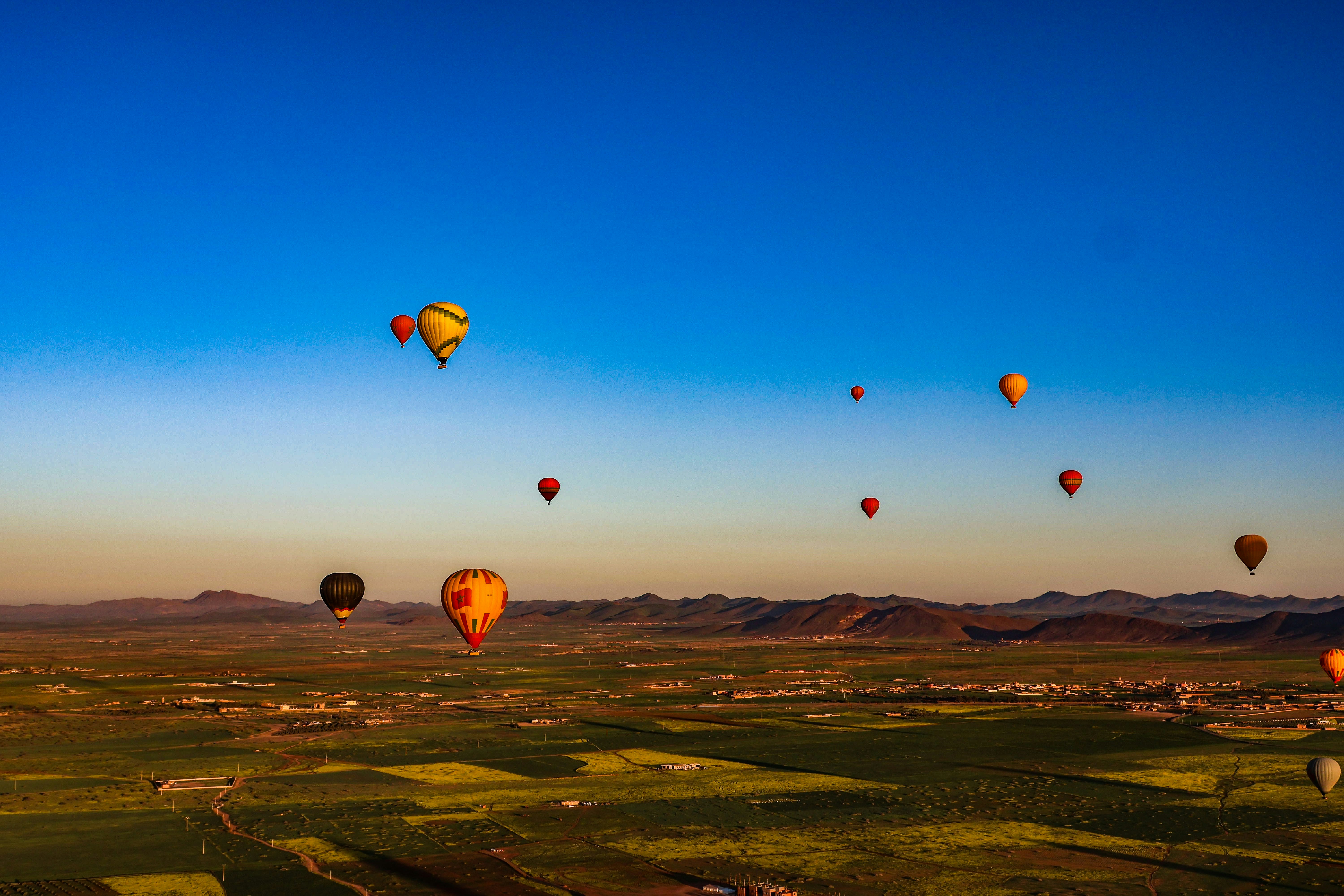 Globos aerostáticos flotan sobre un paisaje verde al amanecer