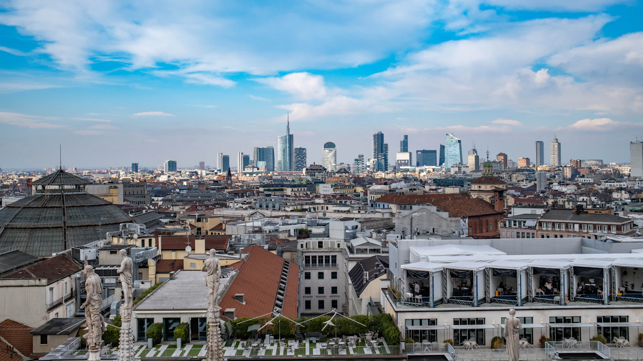 City skyline with modern towers behind older buildings