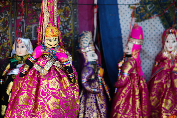 Colourful traditional Rajasthani puppets hanging in a row
