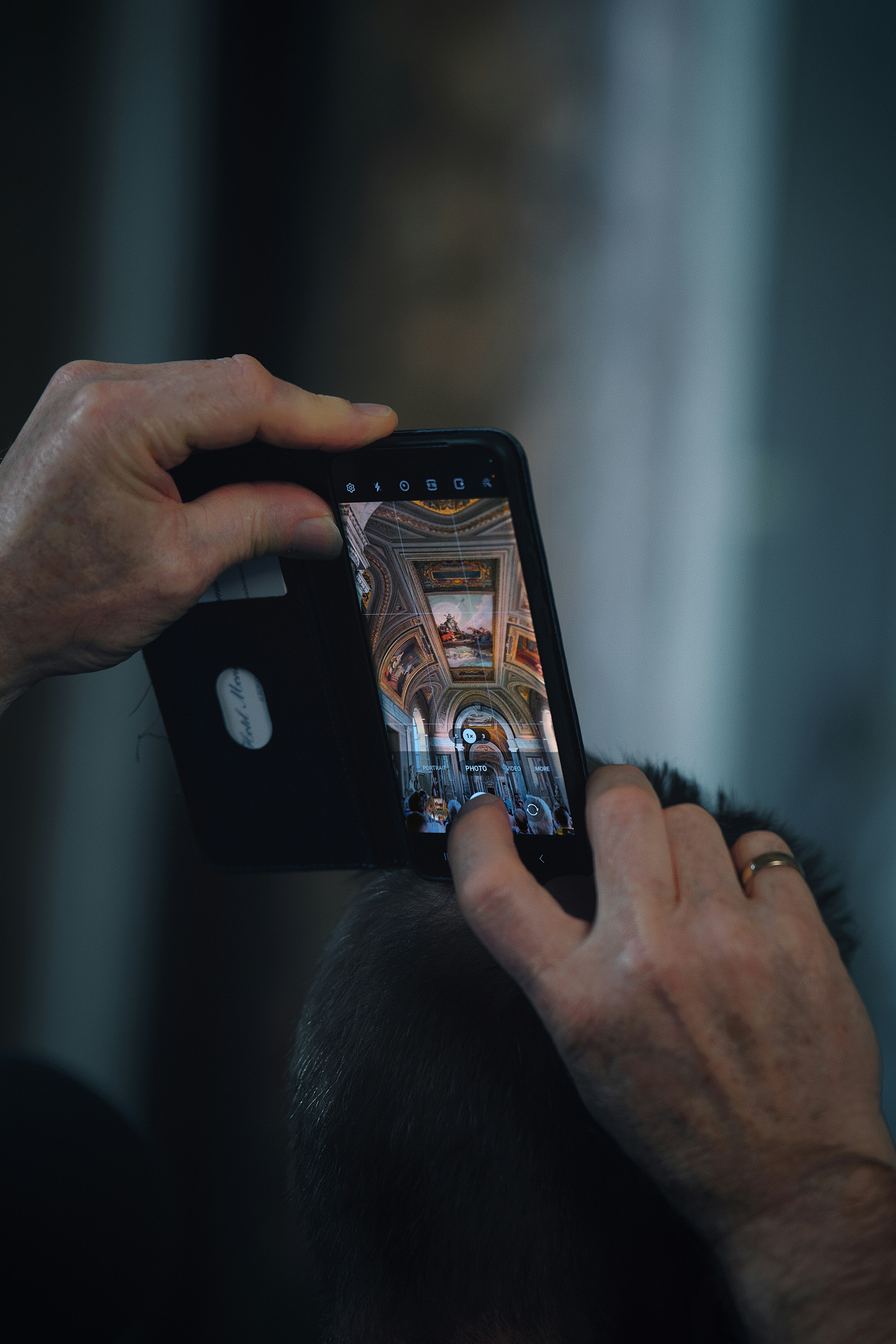 Person taking a picture of a ceiling fresco