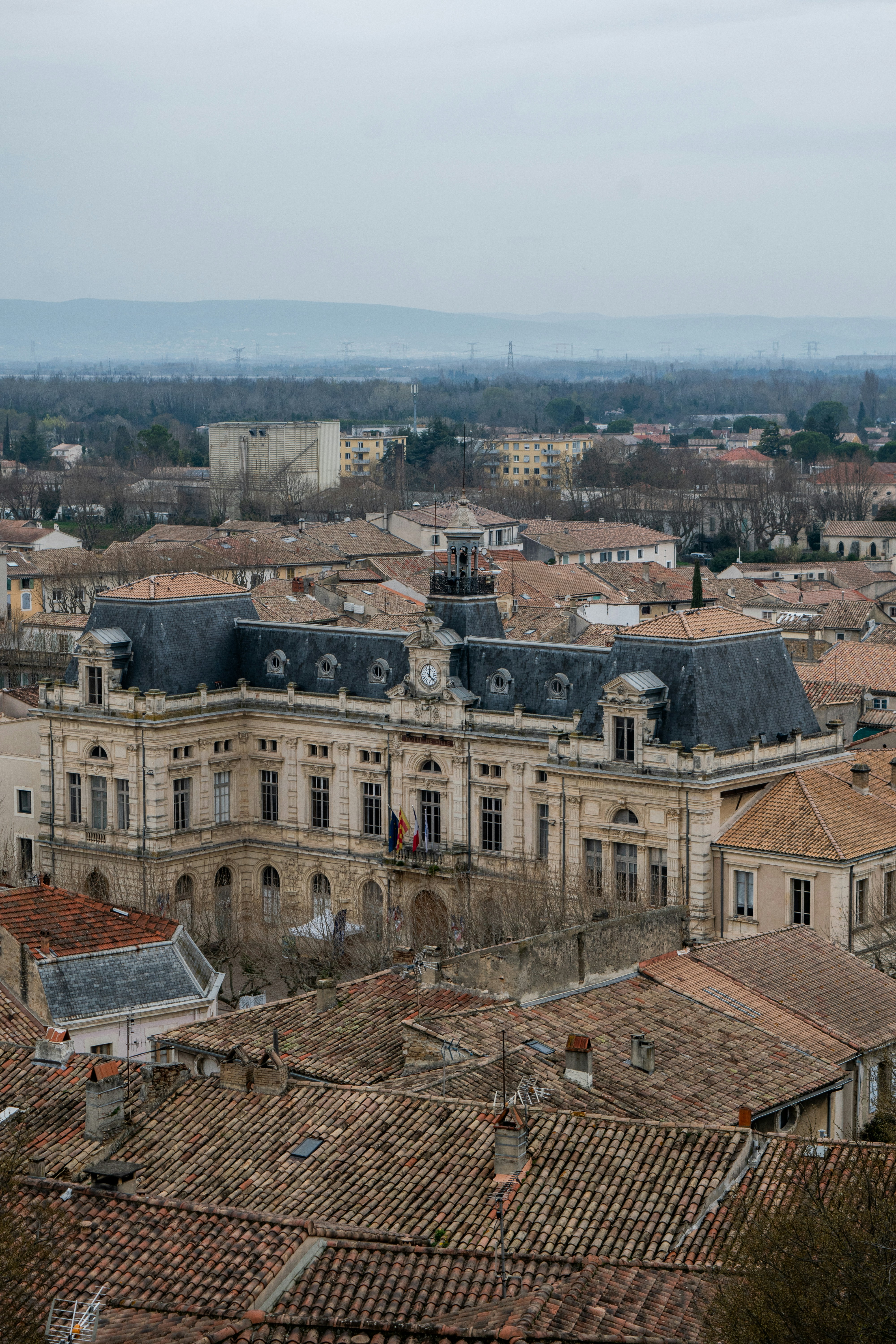 Ornate building surrounded by terracotta rooftops under a cloudy sky.