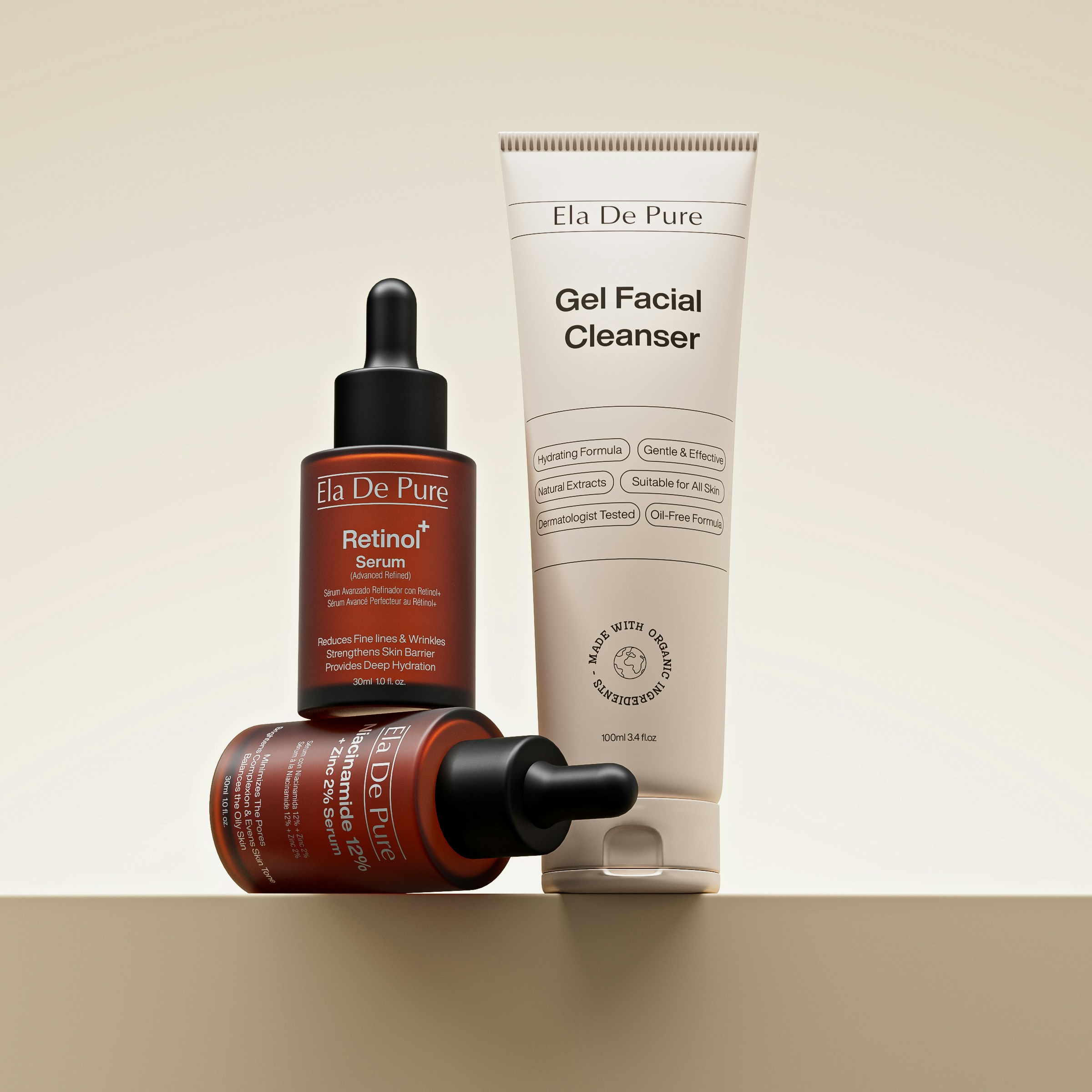 Retinol serum bottles and facial cleanser tube