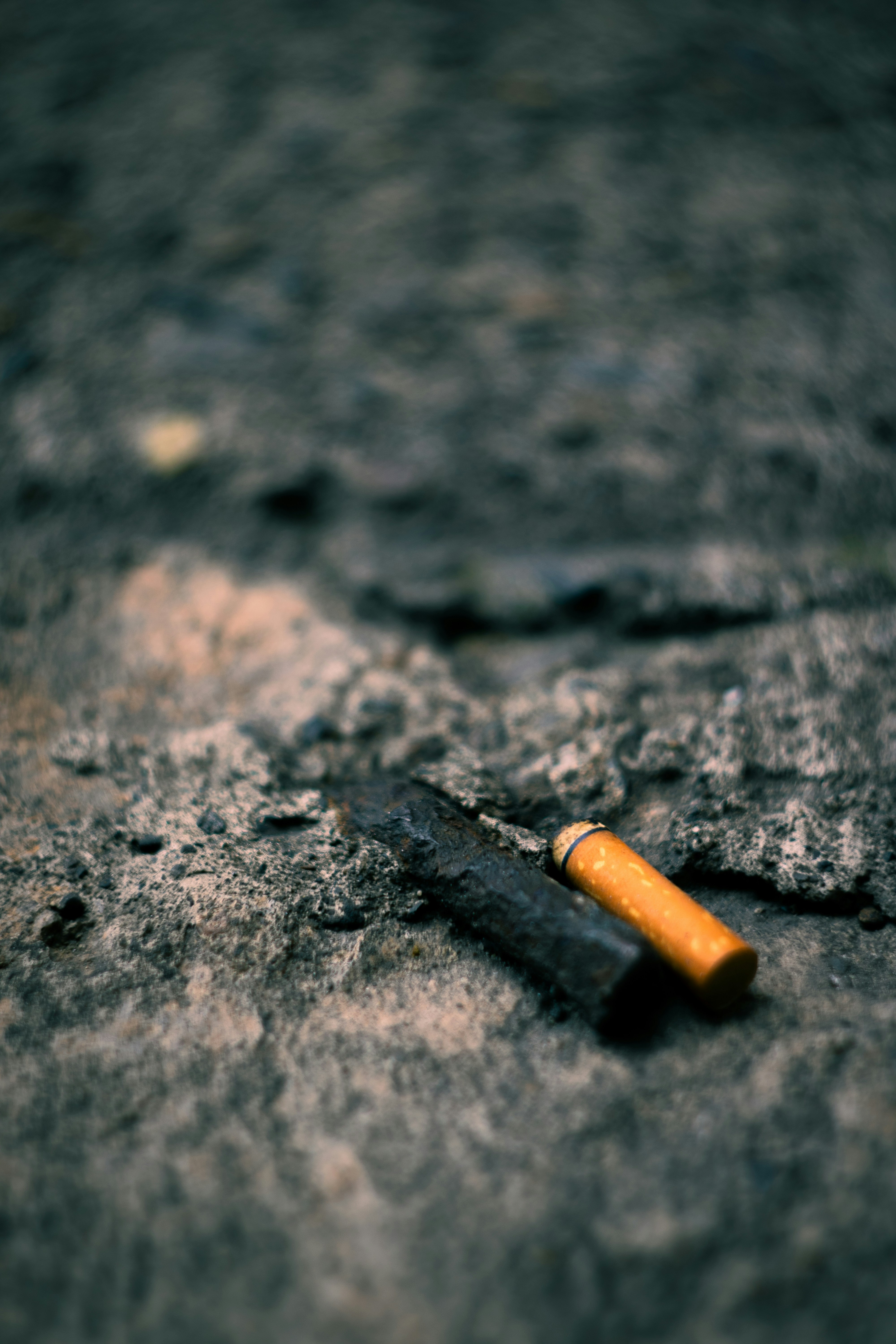 Two cigarette butts on a rough, textured surface.