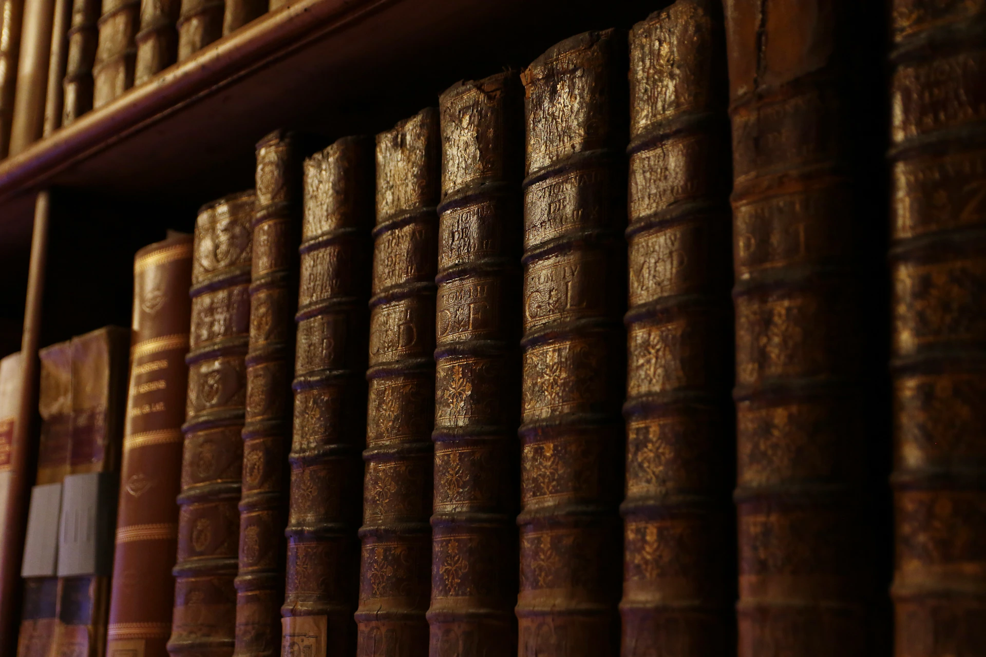 Row of antique leather-bound books on a shelf.