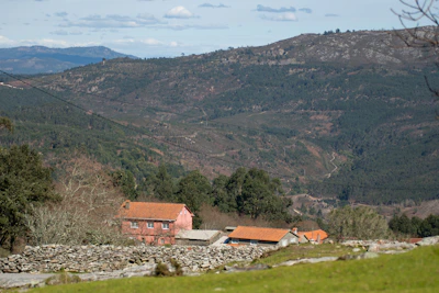 Red-roofed houses nestled in a forested mountain valley.