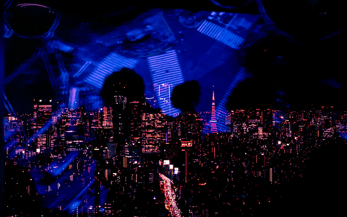 Vibrant cityscape at night with glowing lights