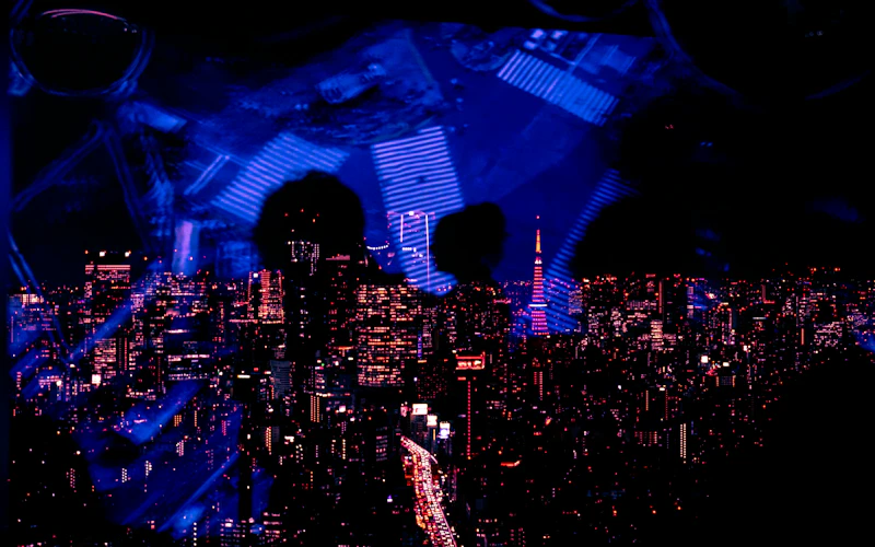 Vibrant cityscape at night with glowing lights