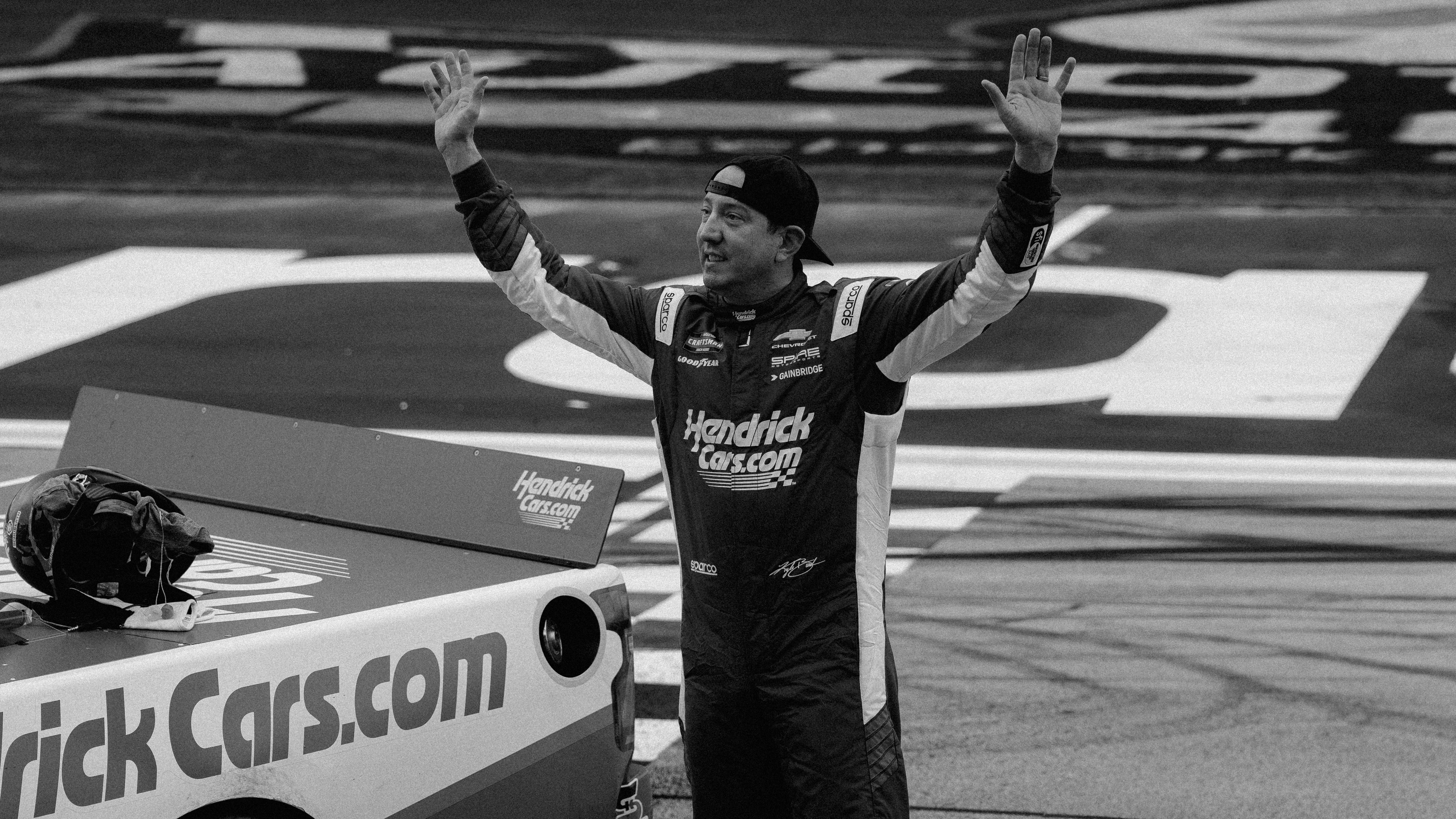 Kyle Busch celebrates on the front straight after winning the NASCAR Truck Series race at Echo Park Speedway in February, 2026.