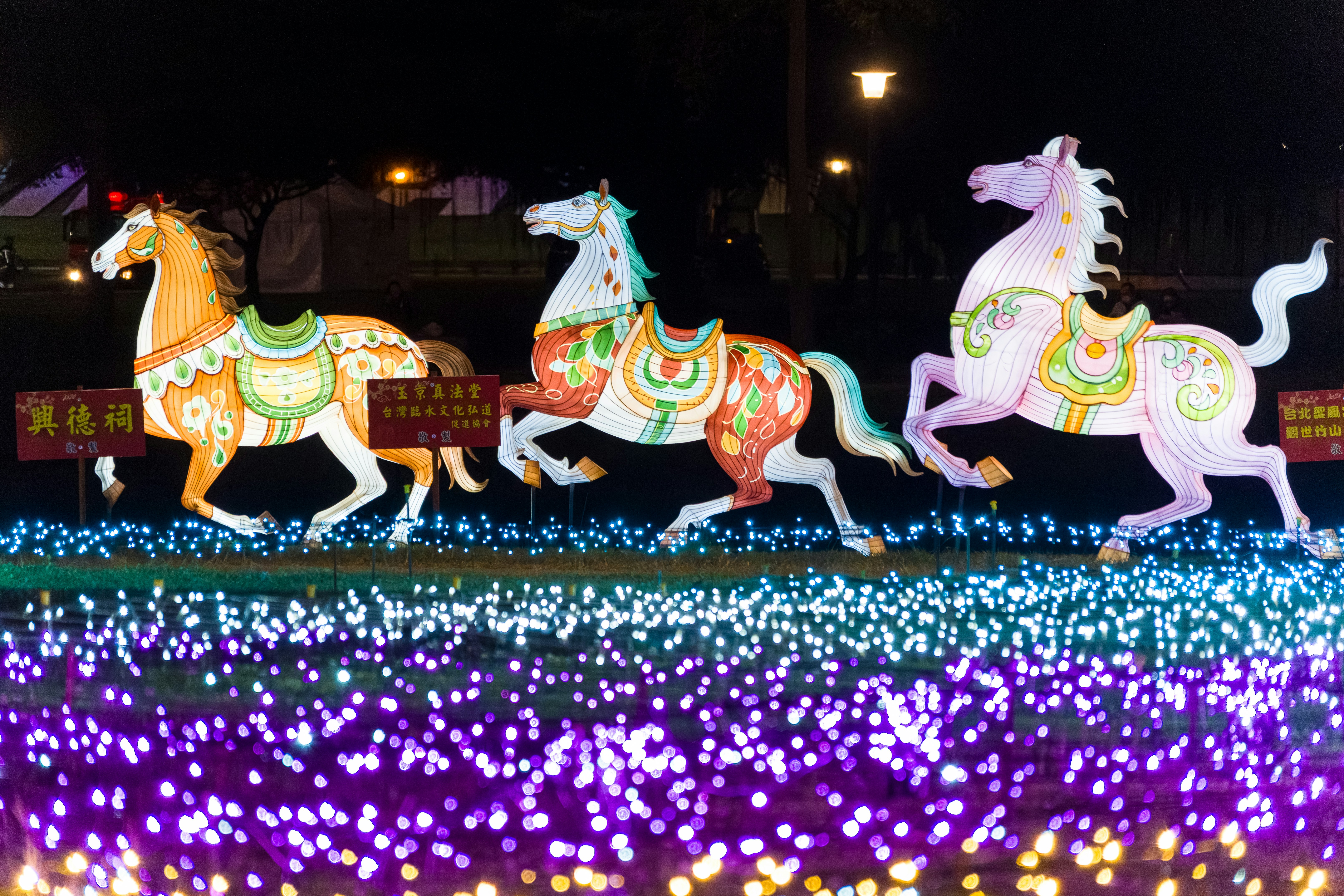 Three illuminated horse lanterns at night