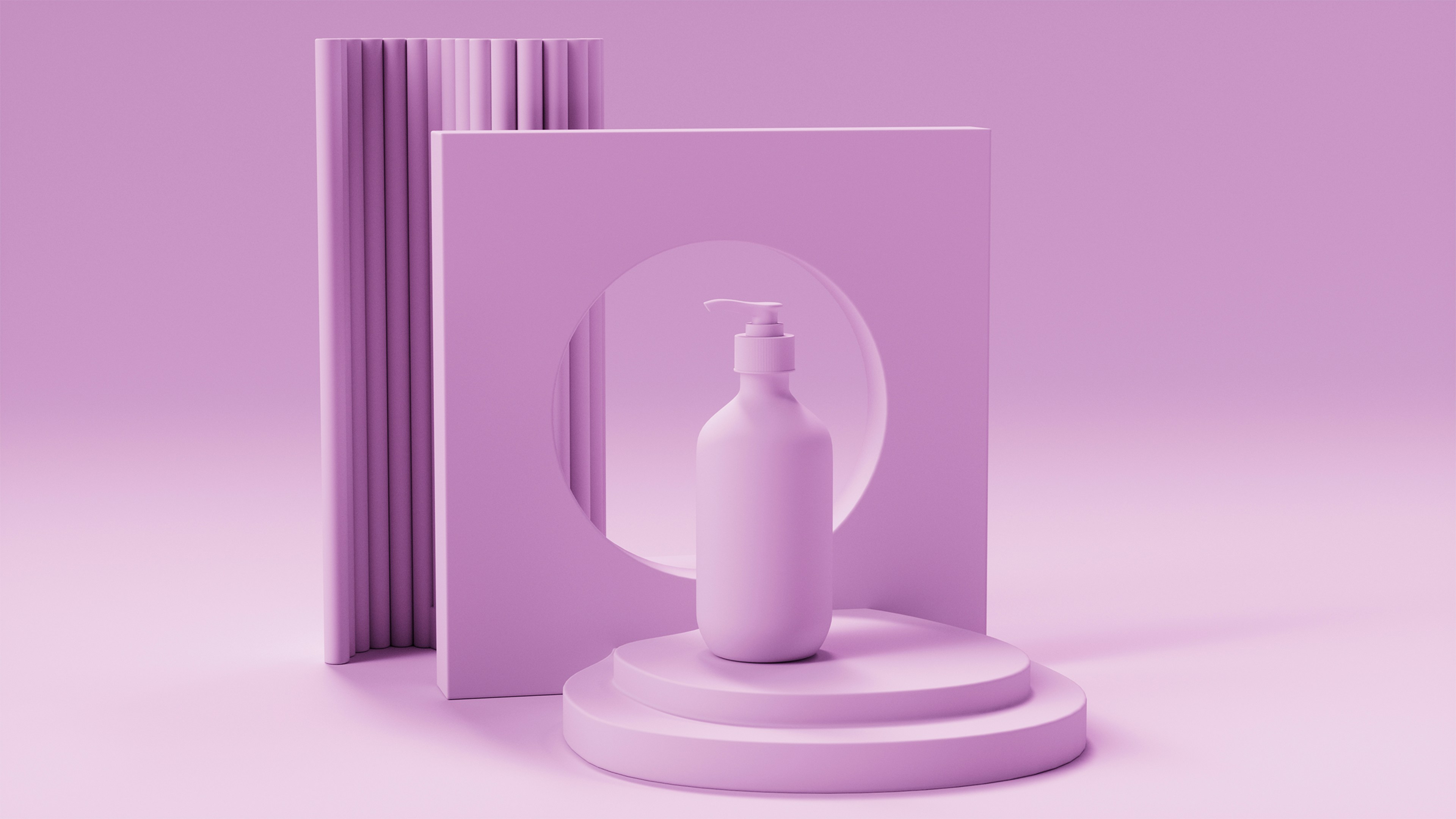 A pink bottle on a pink pedestal with pink background.