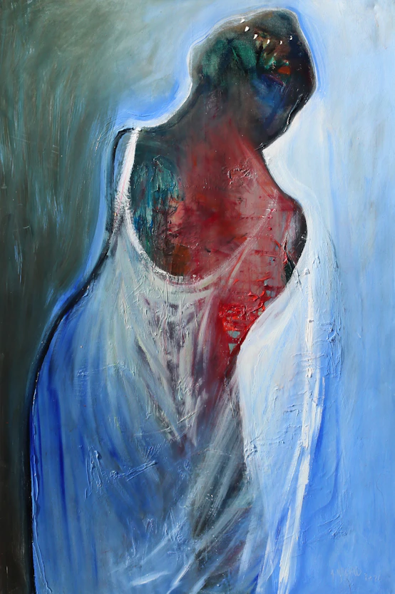 Abstract painting of a figure in a white dress