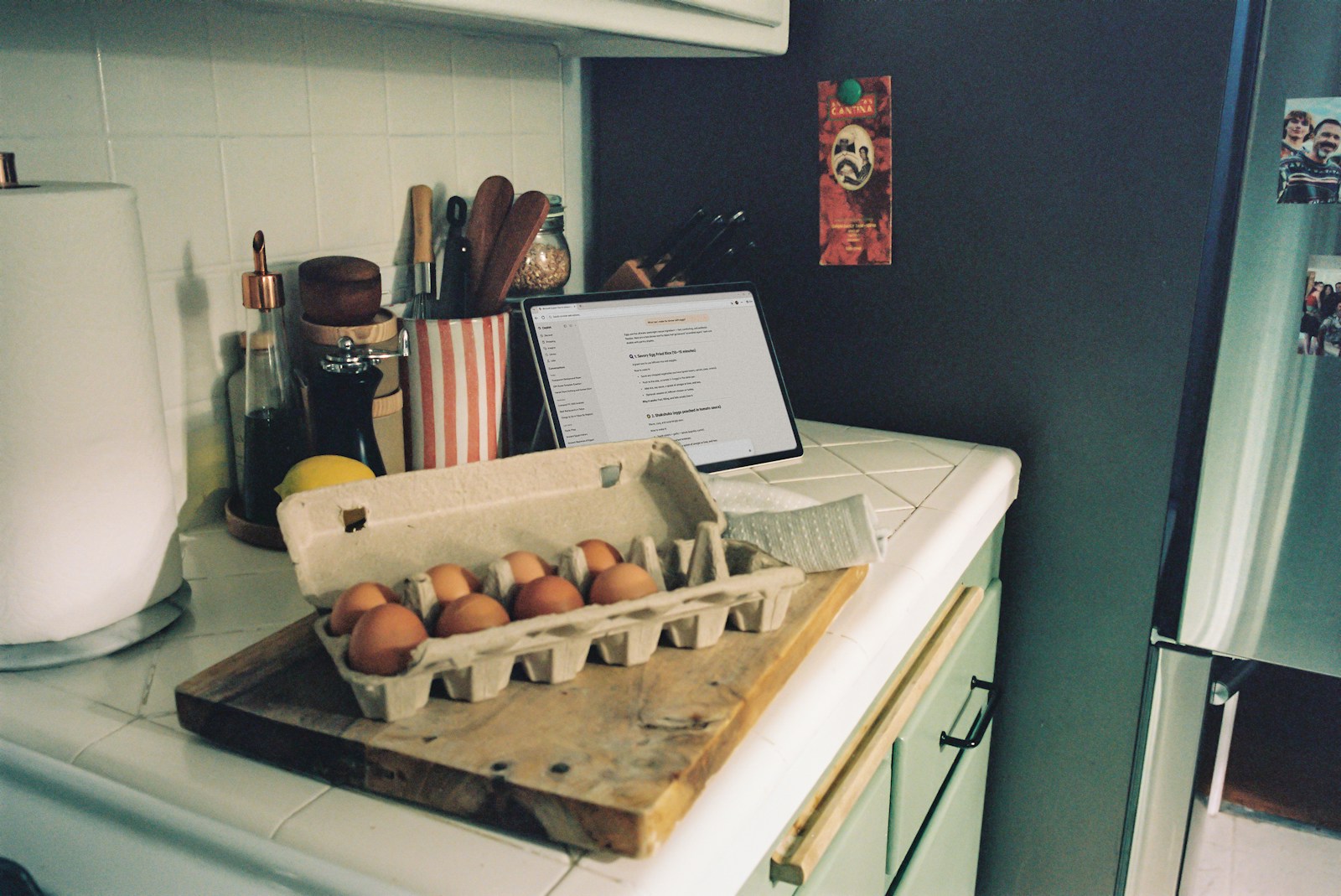 apartment kitchen counter with eggs in carton next to refrigerator