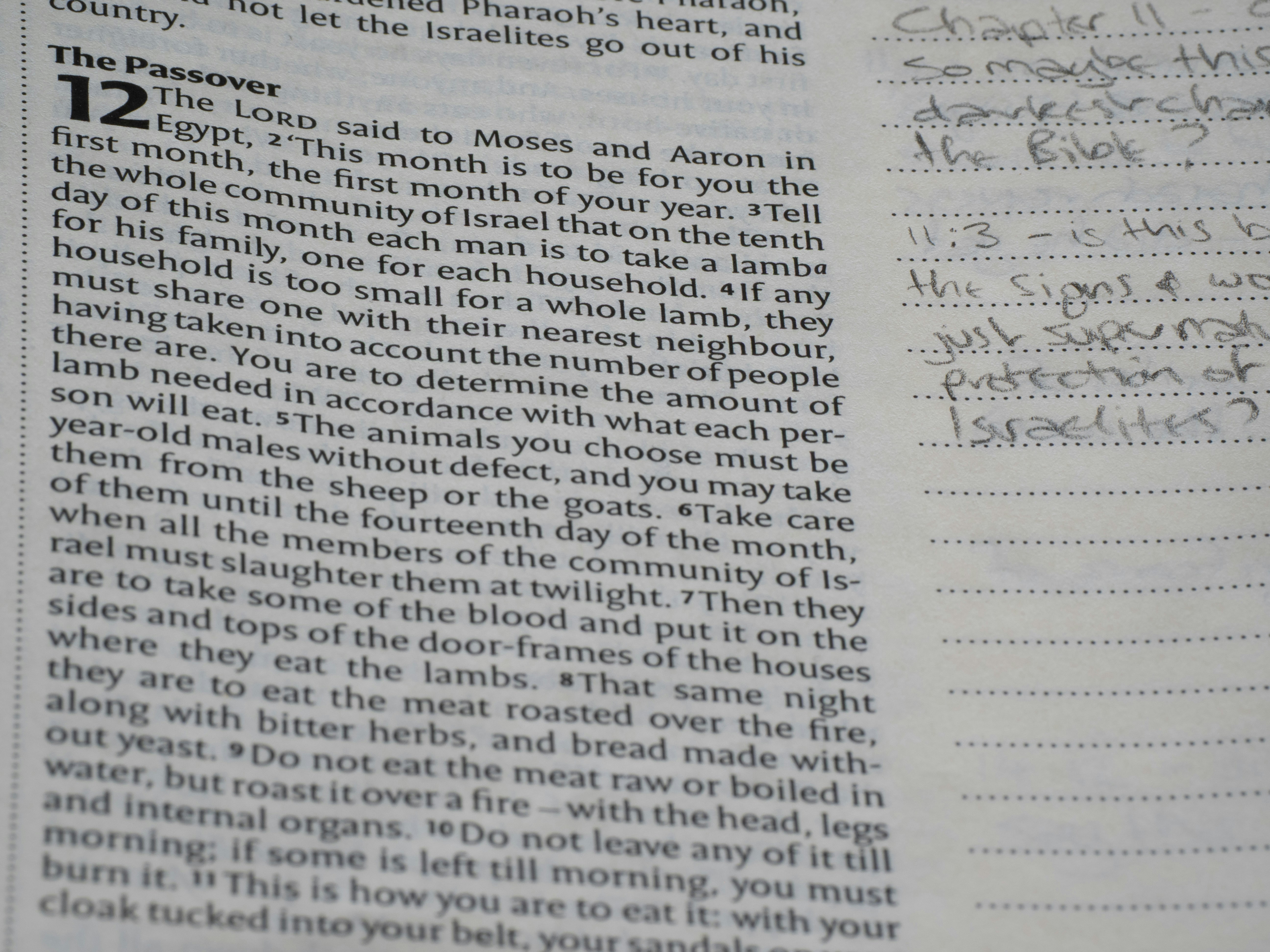 Close-up of an open bible with handwritten notes.