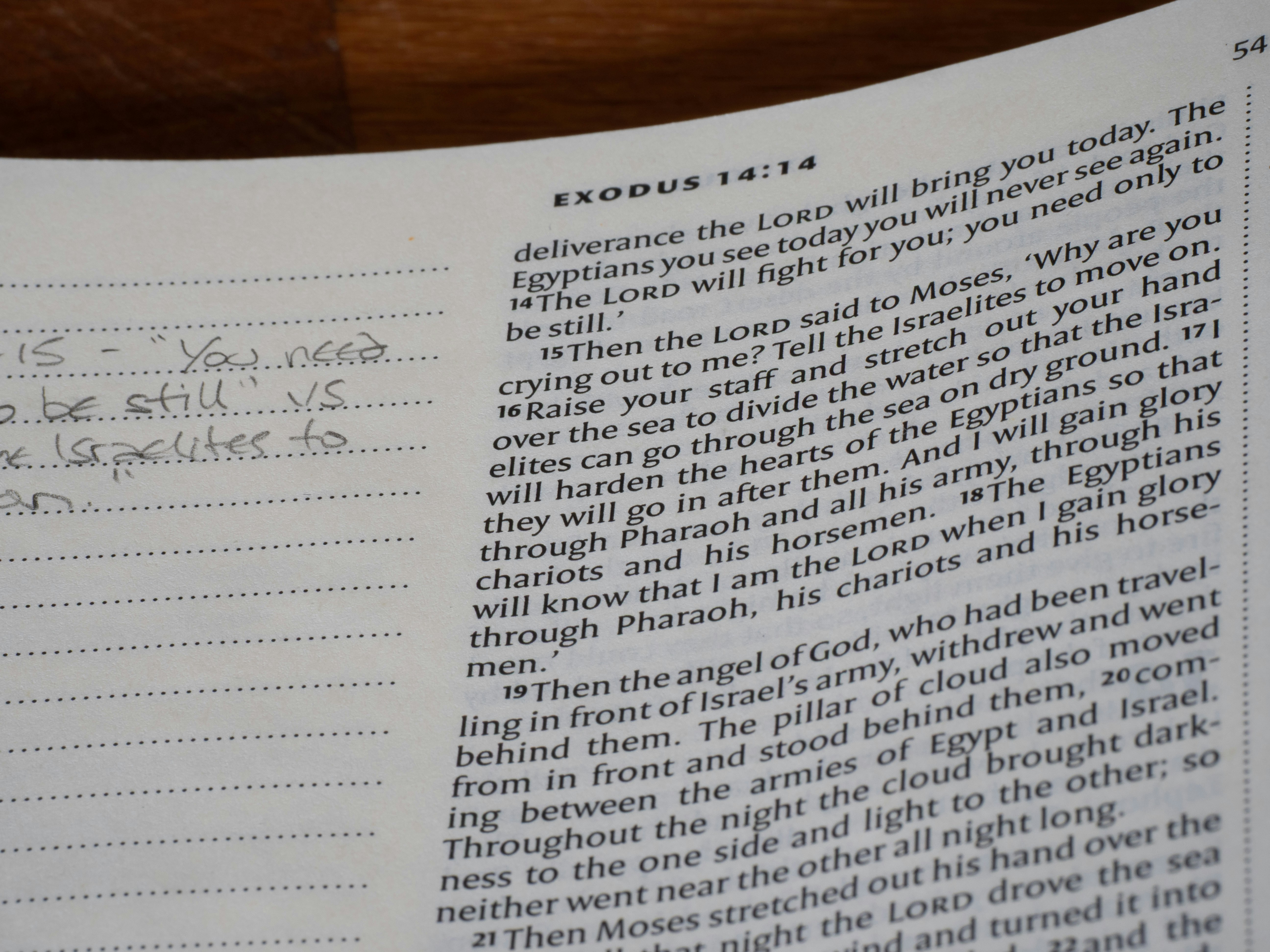 Open bible with handwritten notes and text.