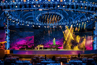 A performer plays piano on a brightly lit stage