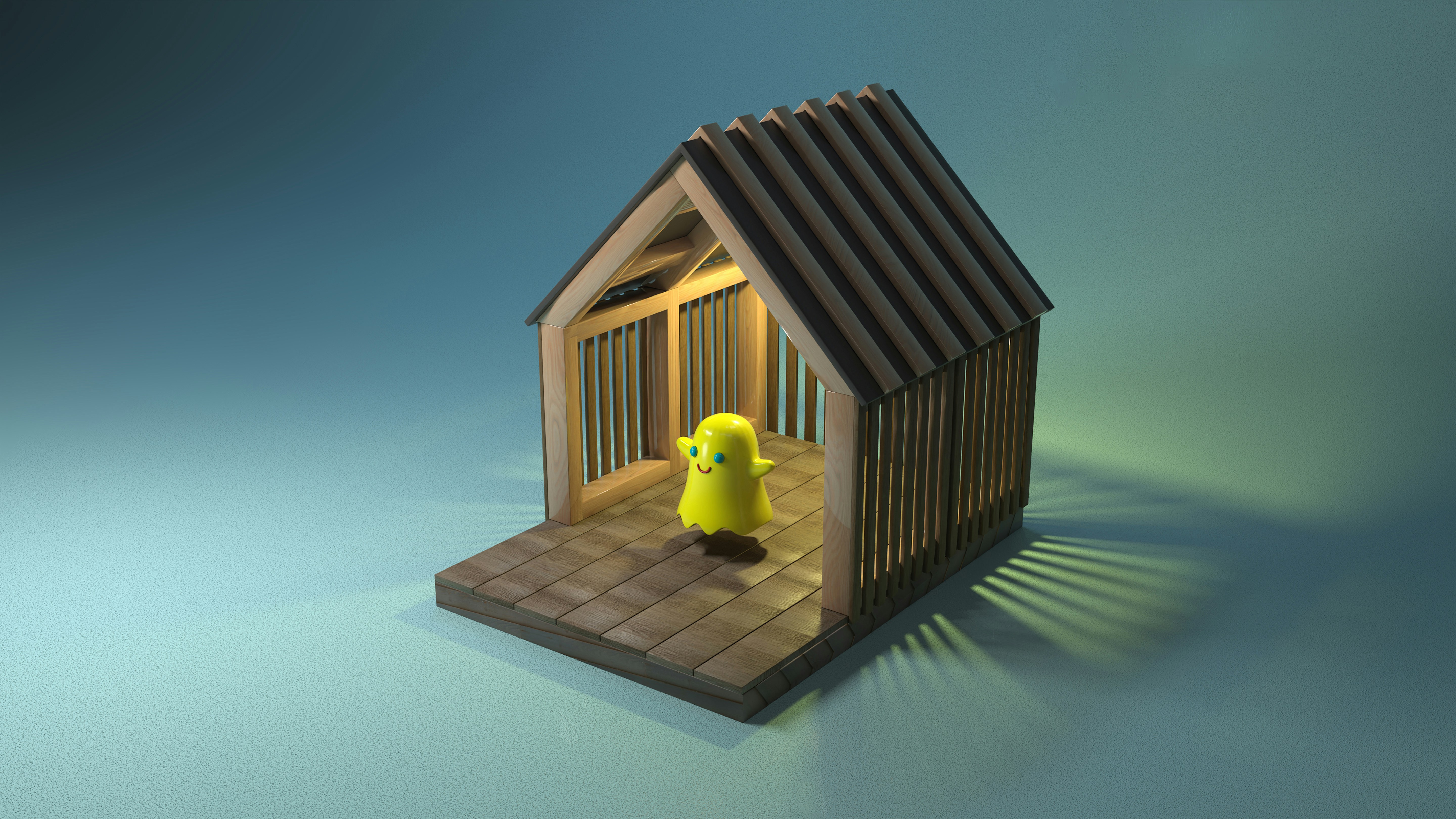 A small yellow creature stands inside a wooden structure.
