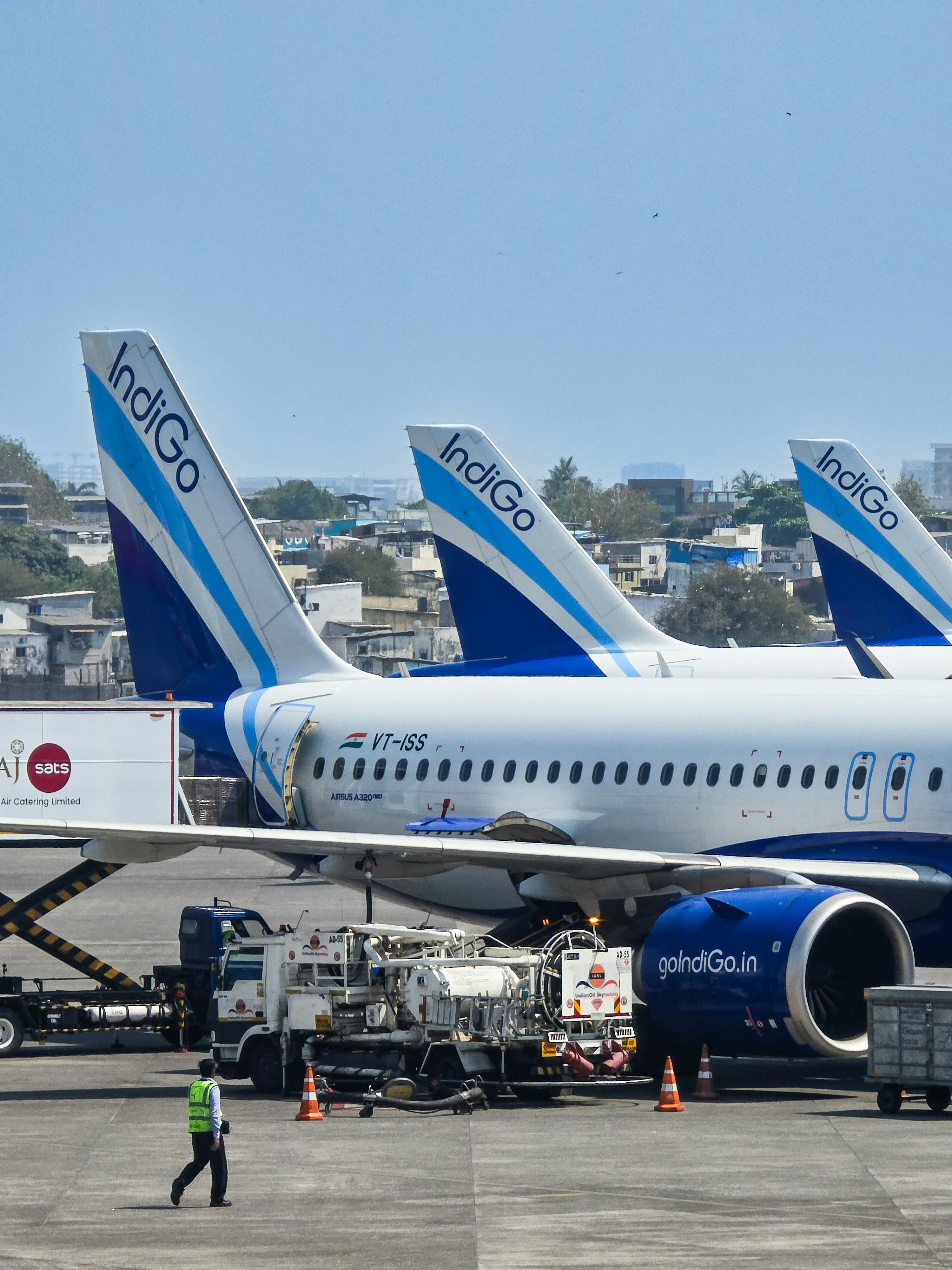 Indigo airplanes lined up on the tarmac