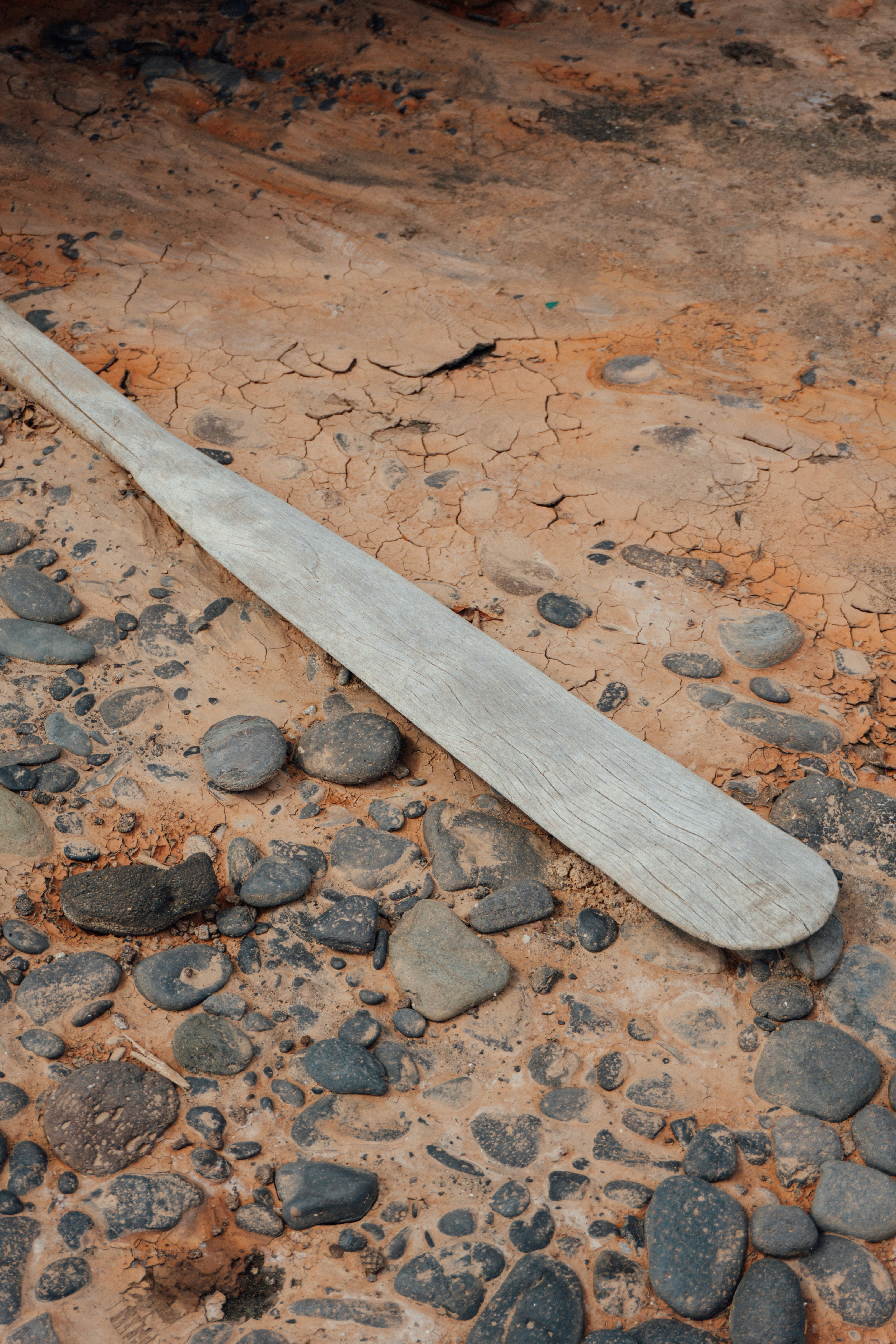 A weathered wooden oar rests on a rocky, sandy shore.