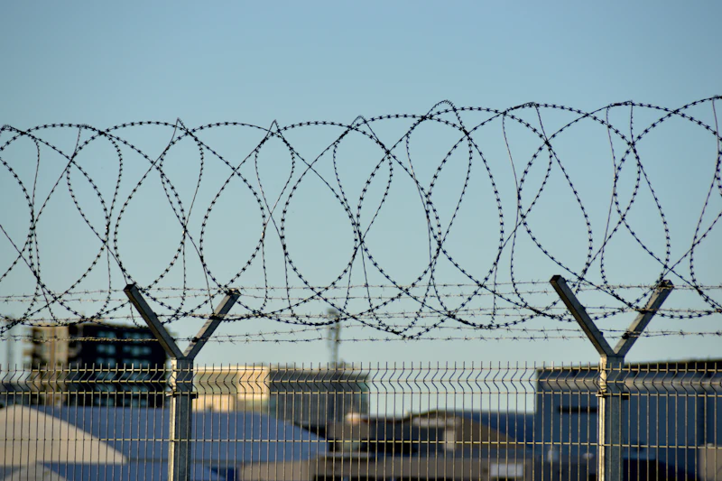 Perimeter fence against open sky
